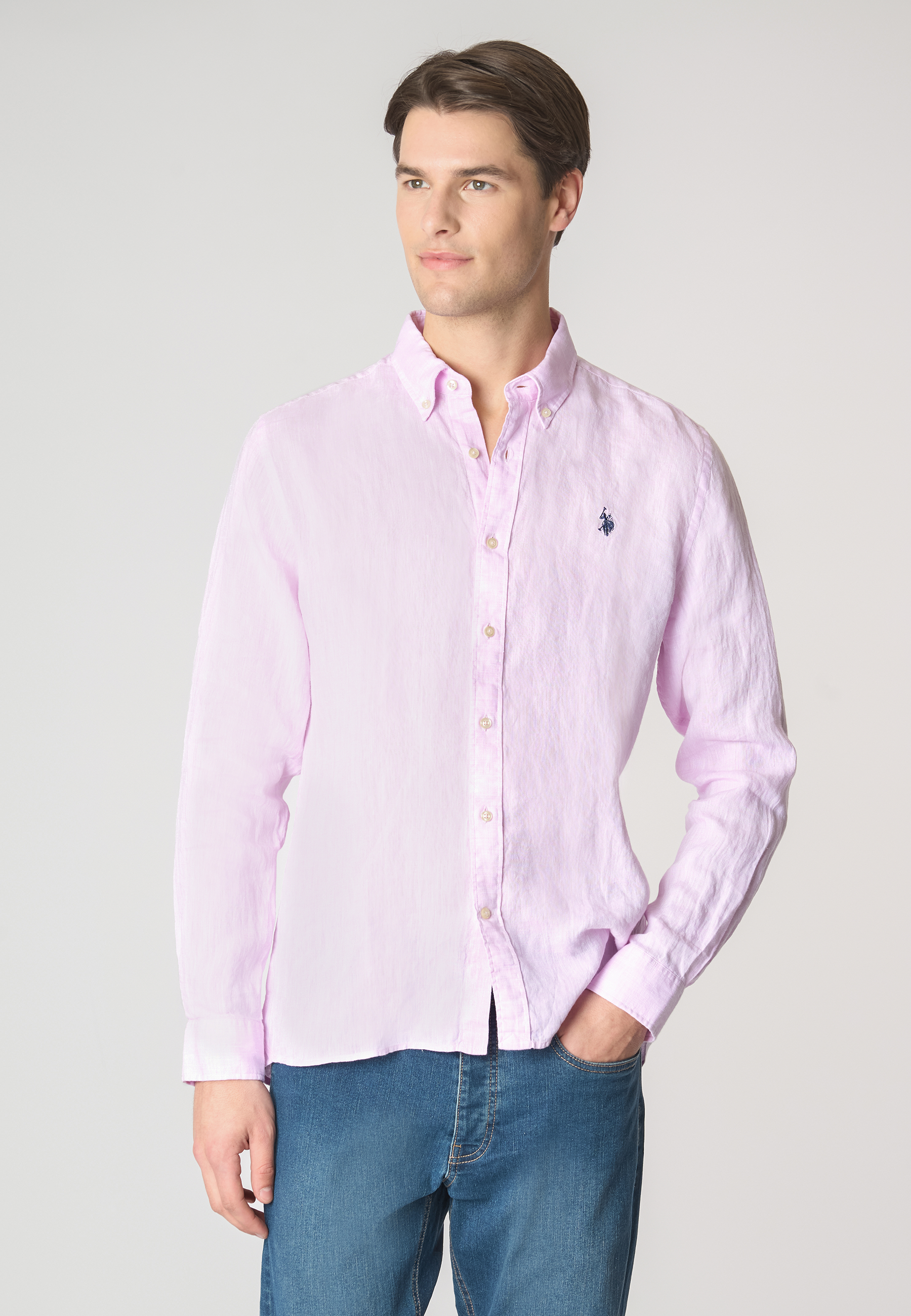 Camicia in lino chambray slim fit con logo