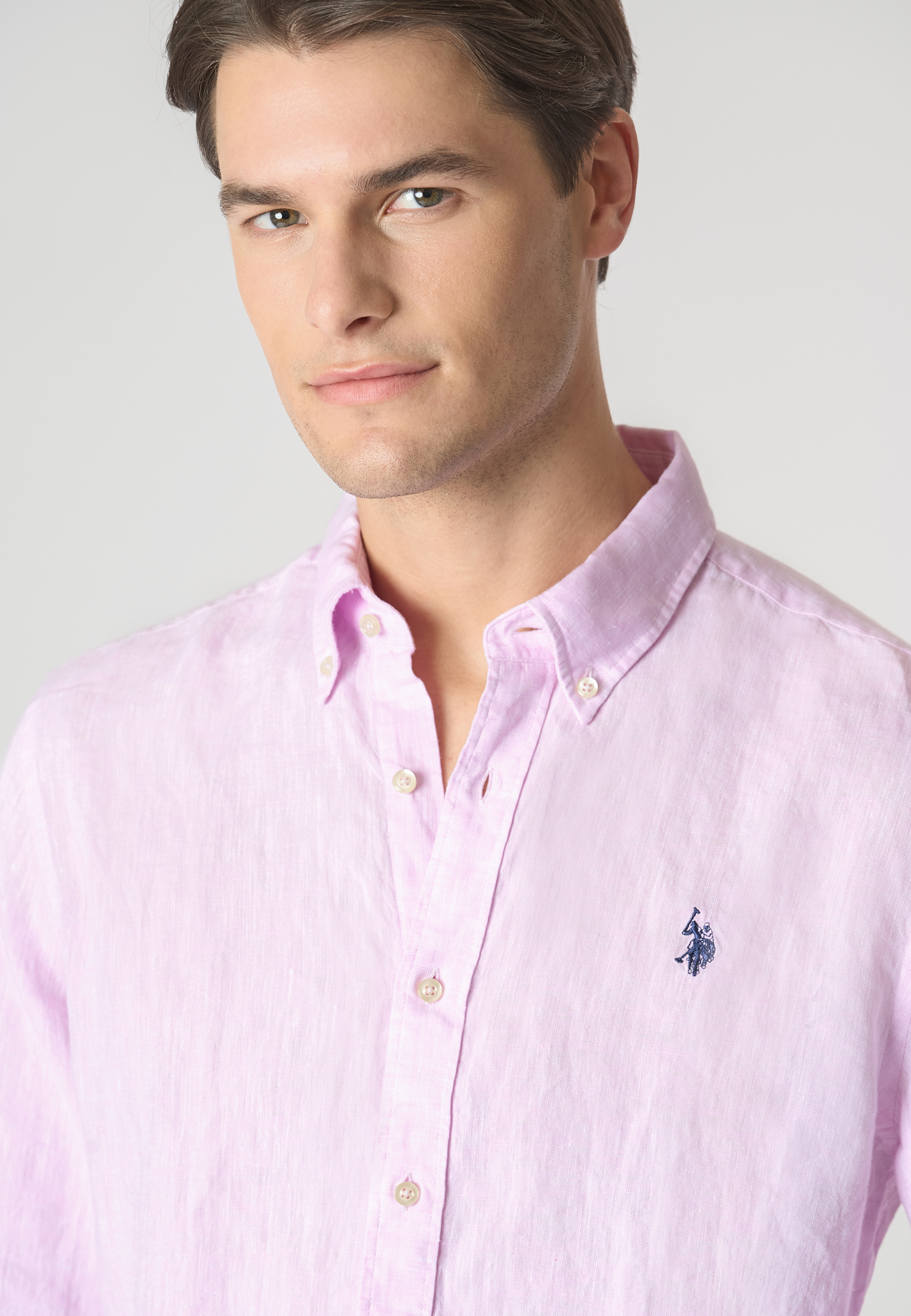 Camicia in lino chambray slim fit con logo