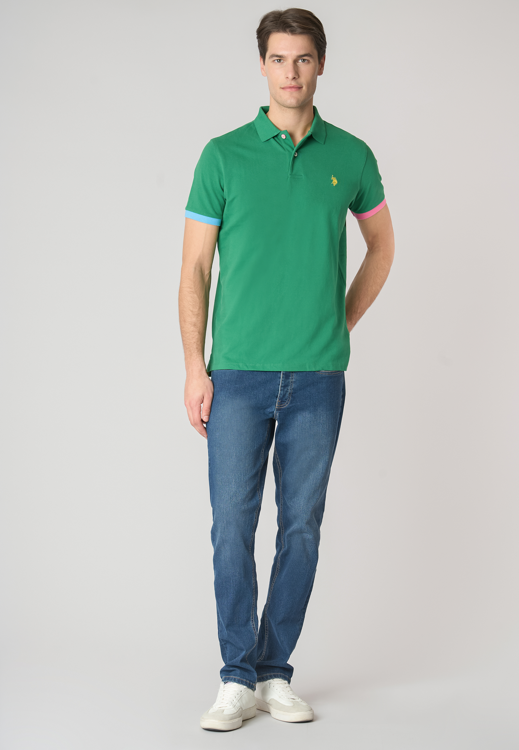 Polo shirt a maniche corte in cotone stretch con dettagli colorati