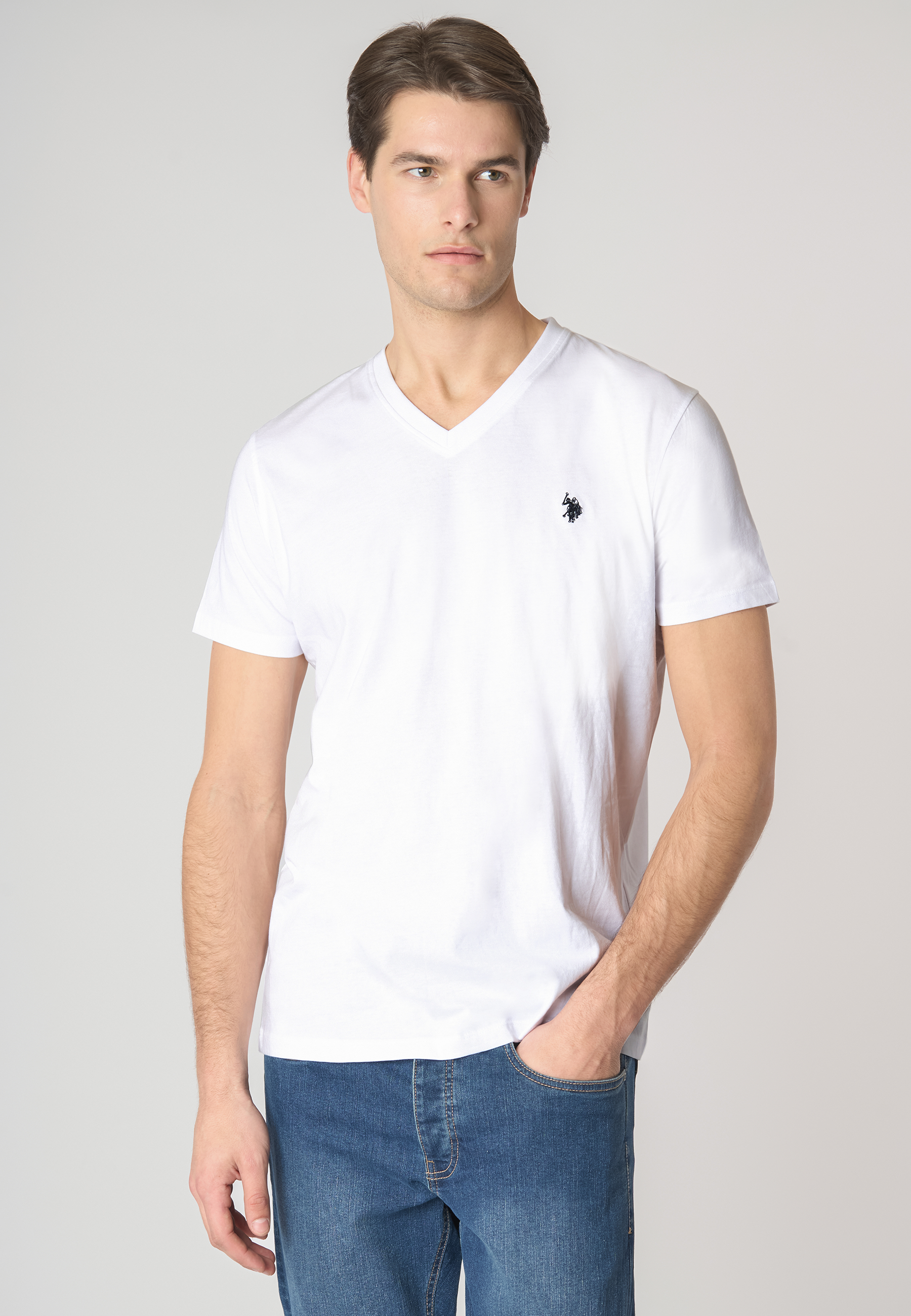 T-shirt a maniche corte con scollo a V in cotone con logo