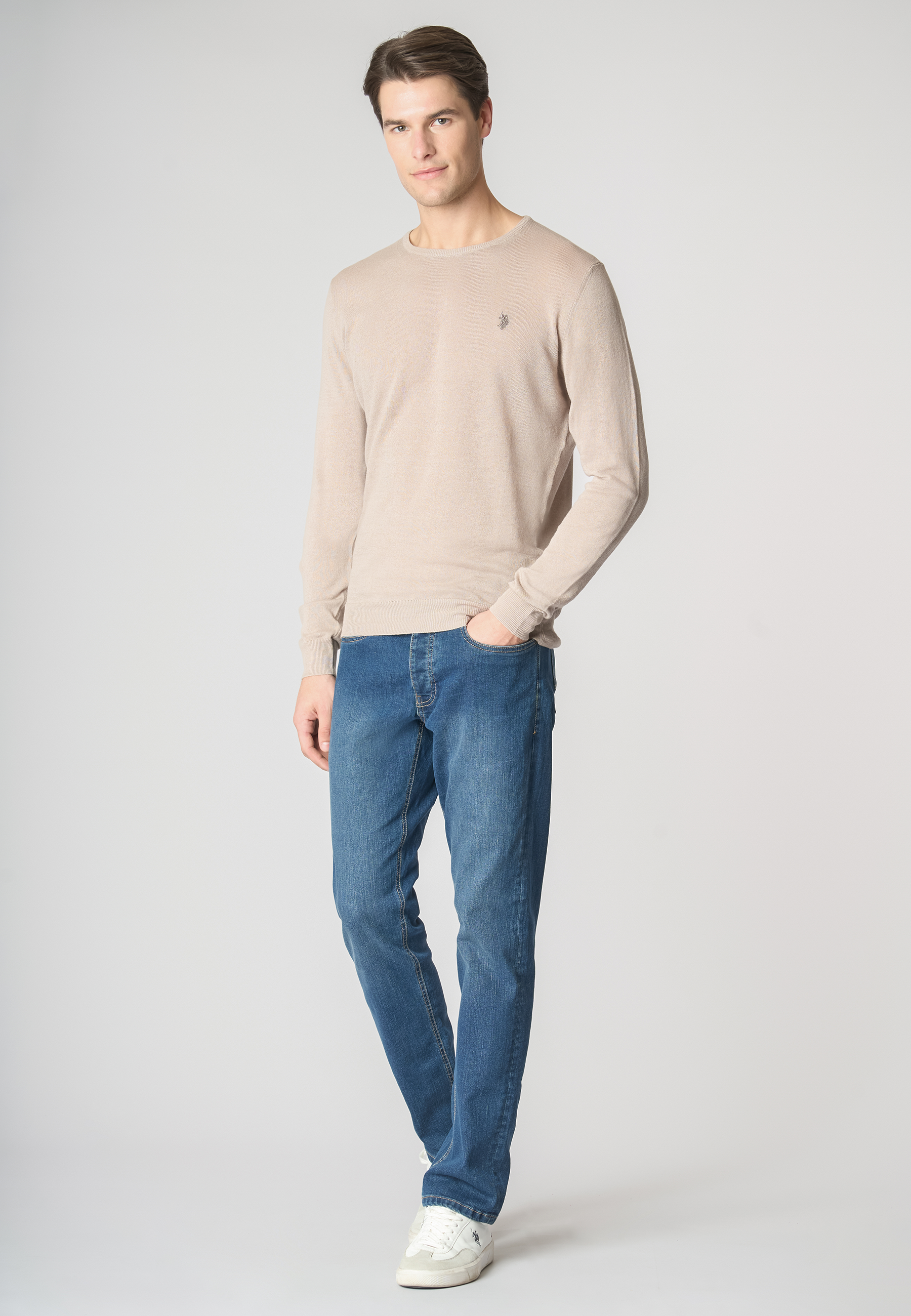 Maglia girocollo misto cotone e lino