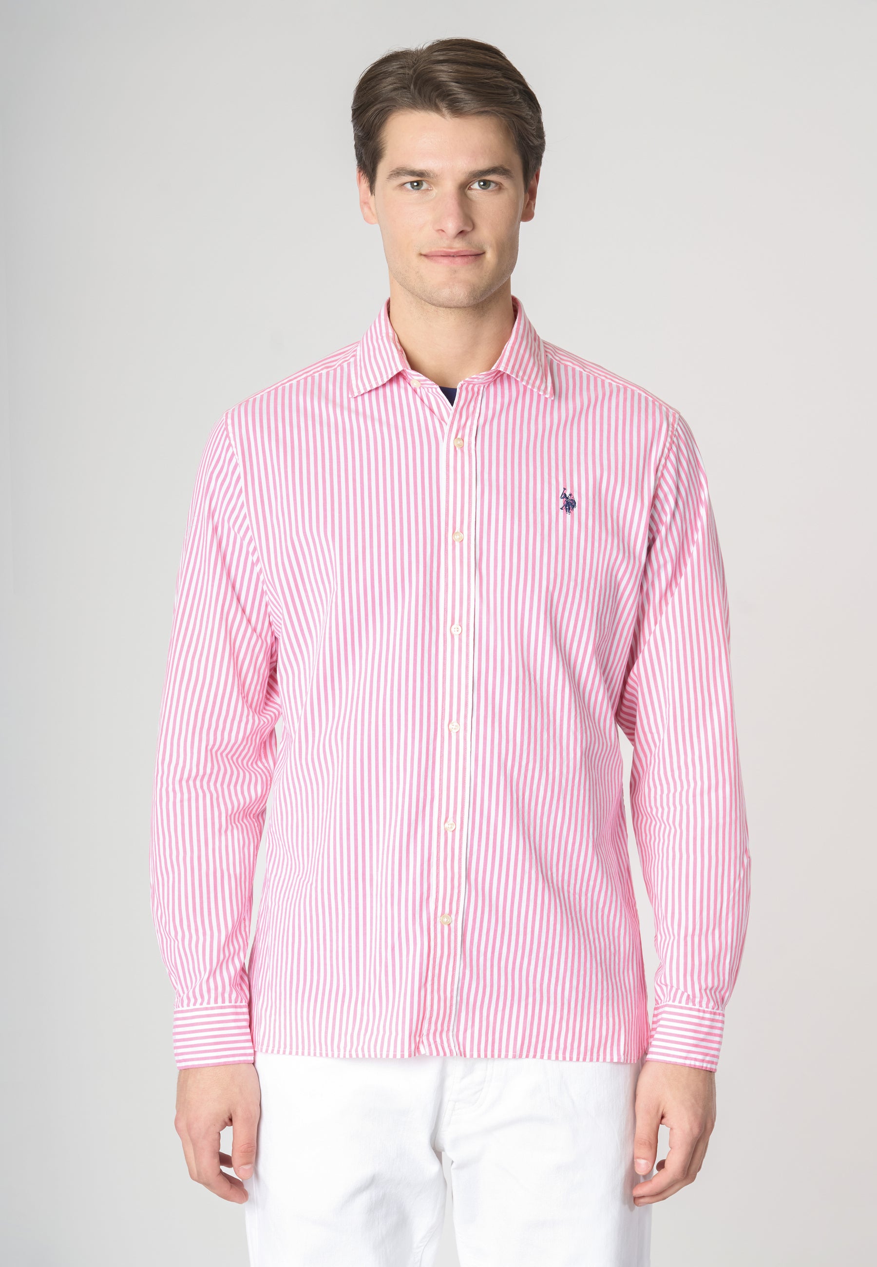 Camicia in cotone stretch popeline a righe slim fit con logo