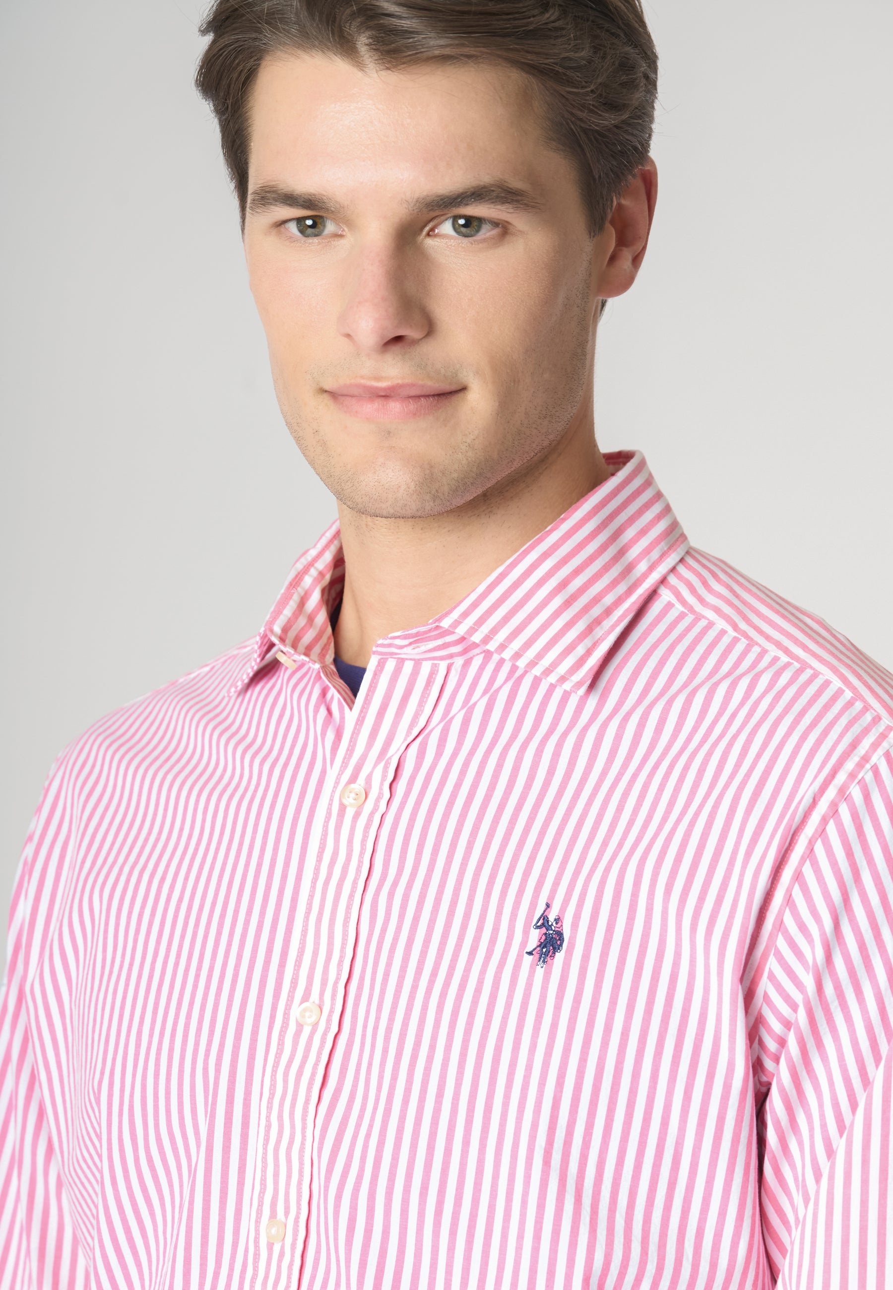 Camicia in cotone stretch popeline a righe slim fit con logo