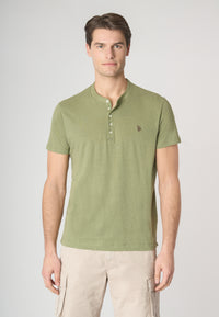 T-shirt a maniche corte con bottoni in misto cotone e lino