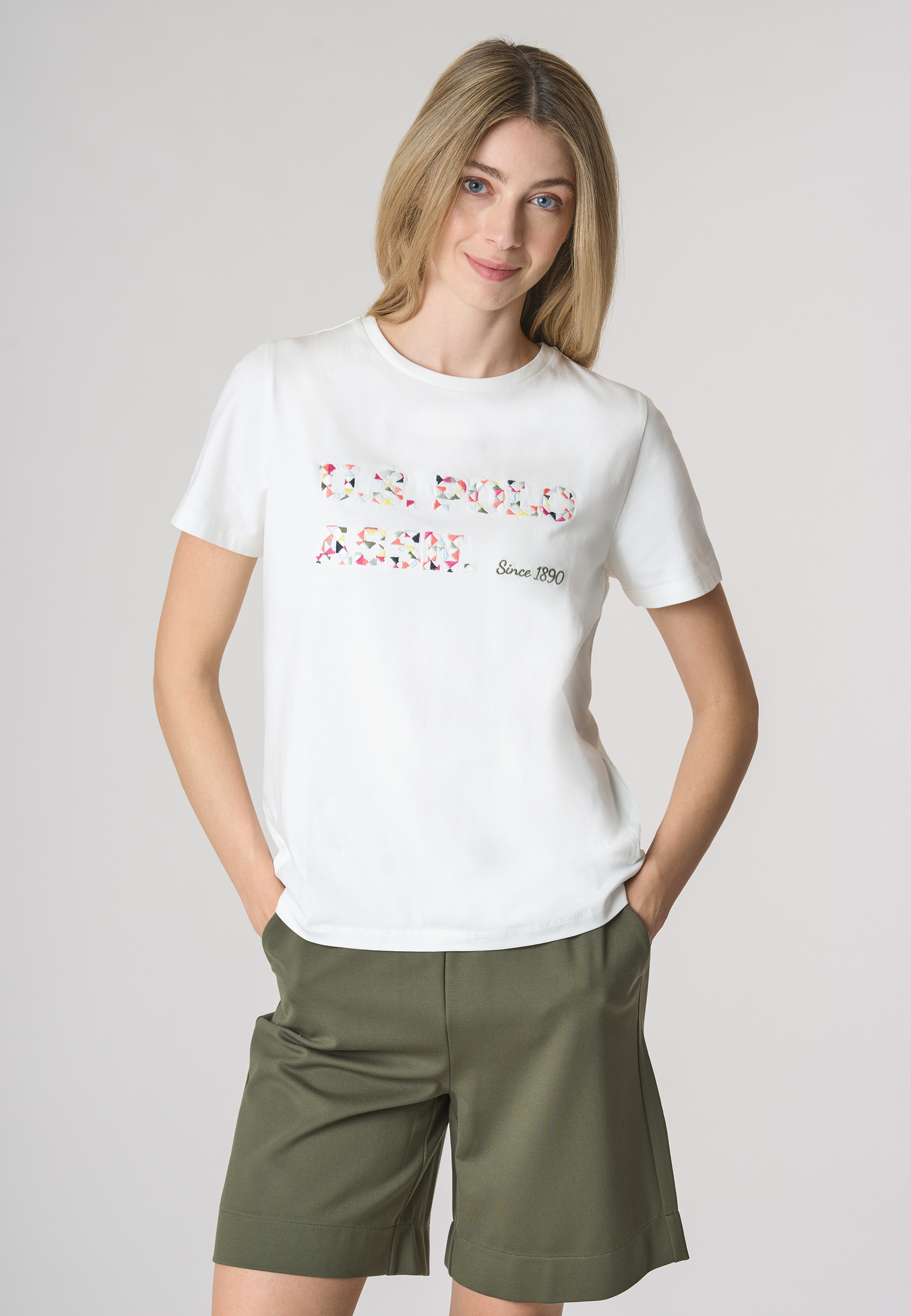 T-shirt girocollo a maniche corte con scritta U.S Polo Assn. in cotone stretch