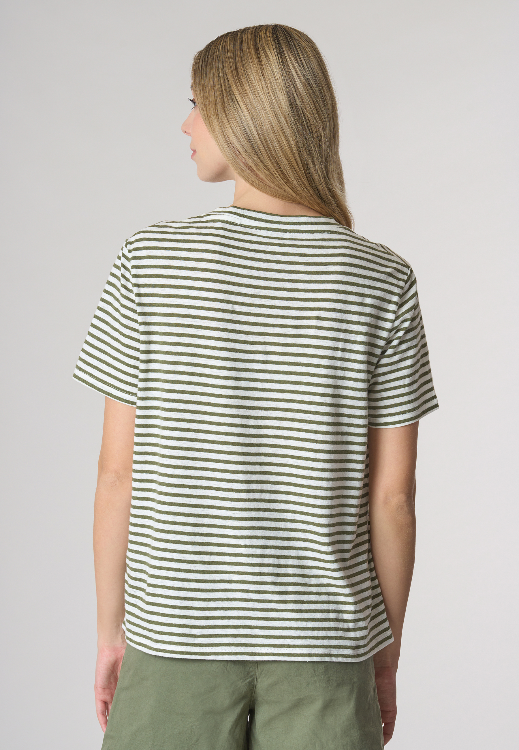 T-shirt girocollo a righe in misto cotone e lino