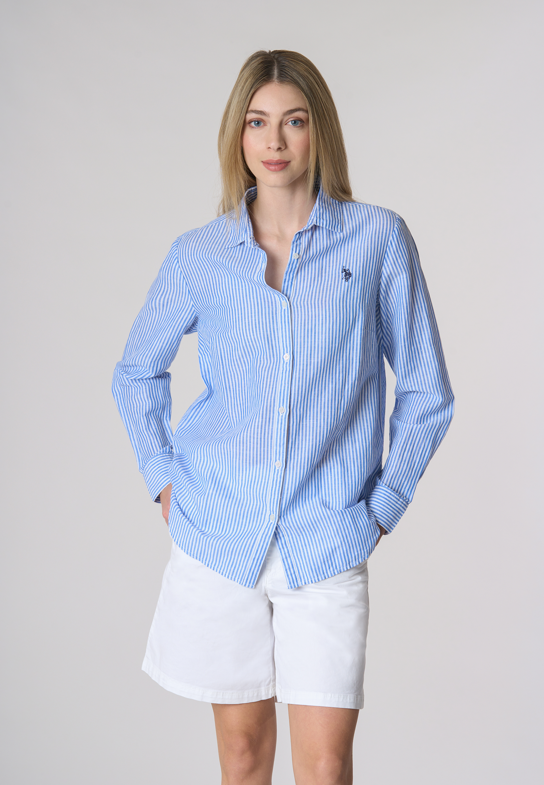Camicia a righe in misto cotone e lino