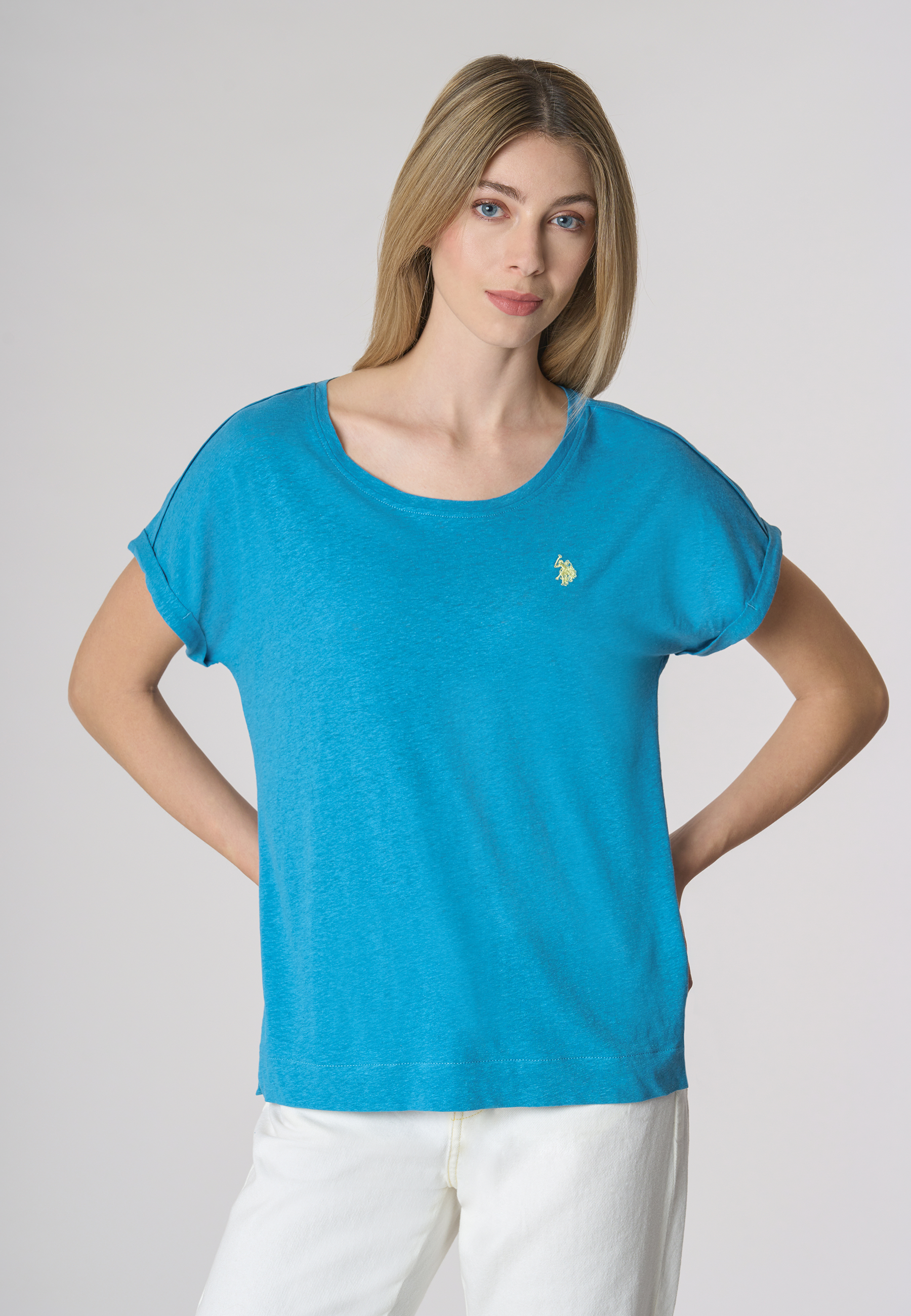 T-shirt girocollo da donna in misto cotone e lino