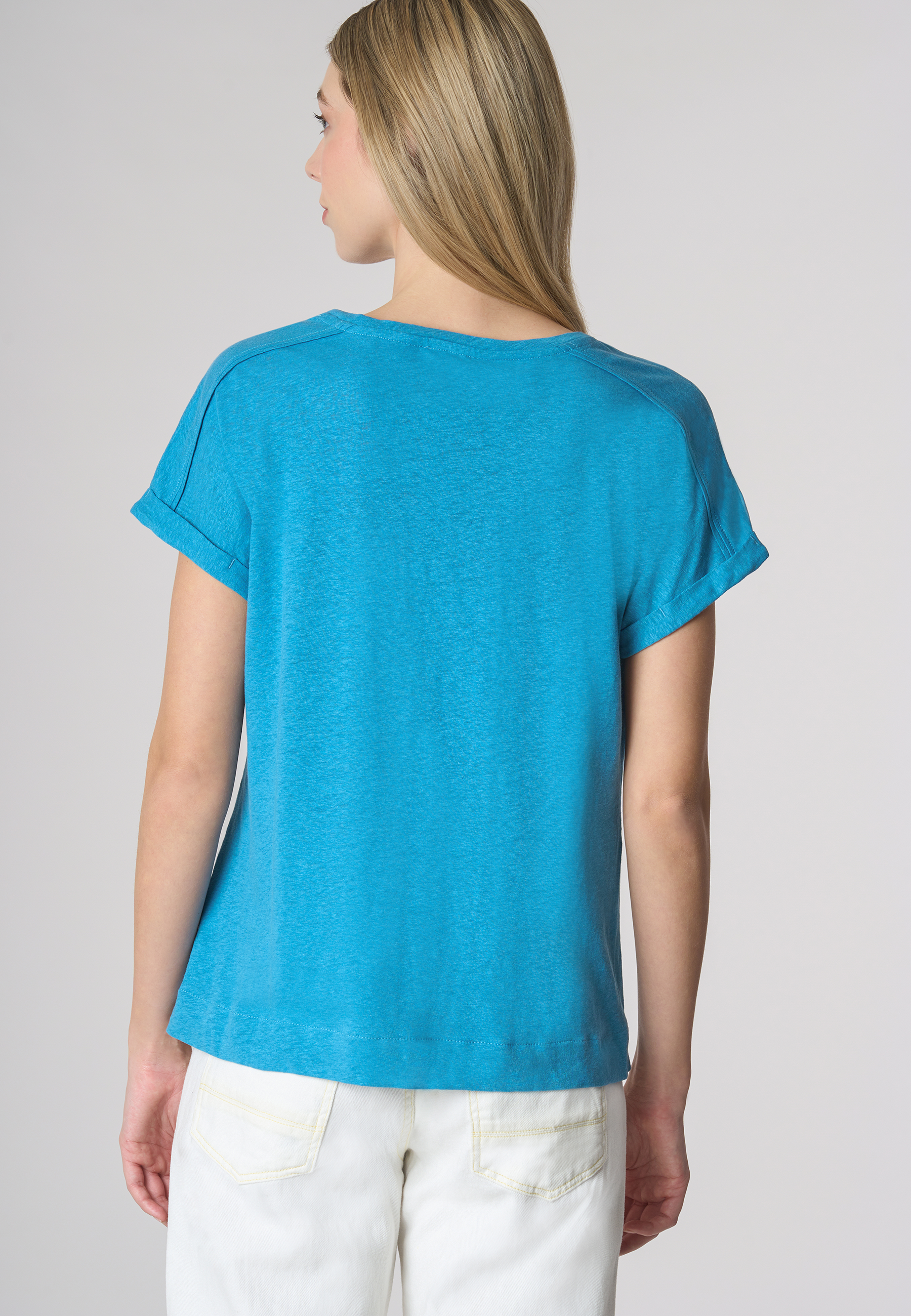 T-shirt girocollo da donna in misto cotone e lino