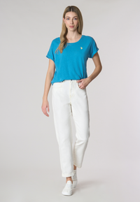 T-shirt girocollo da donna in misto cotone e lino