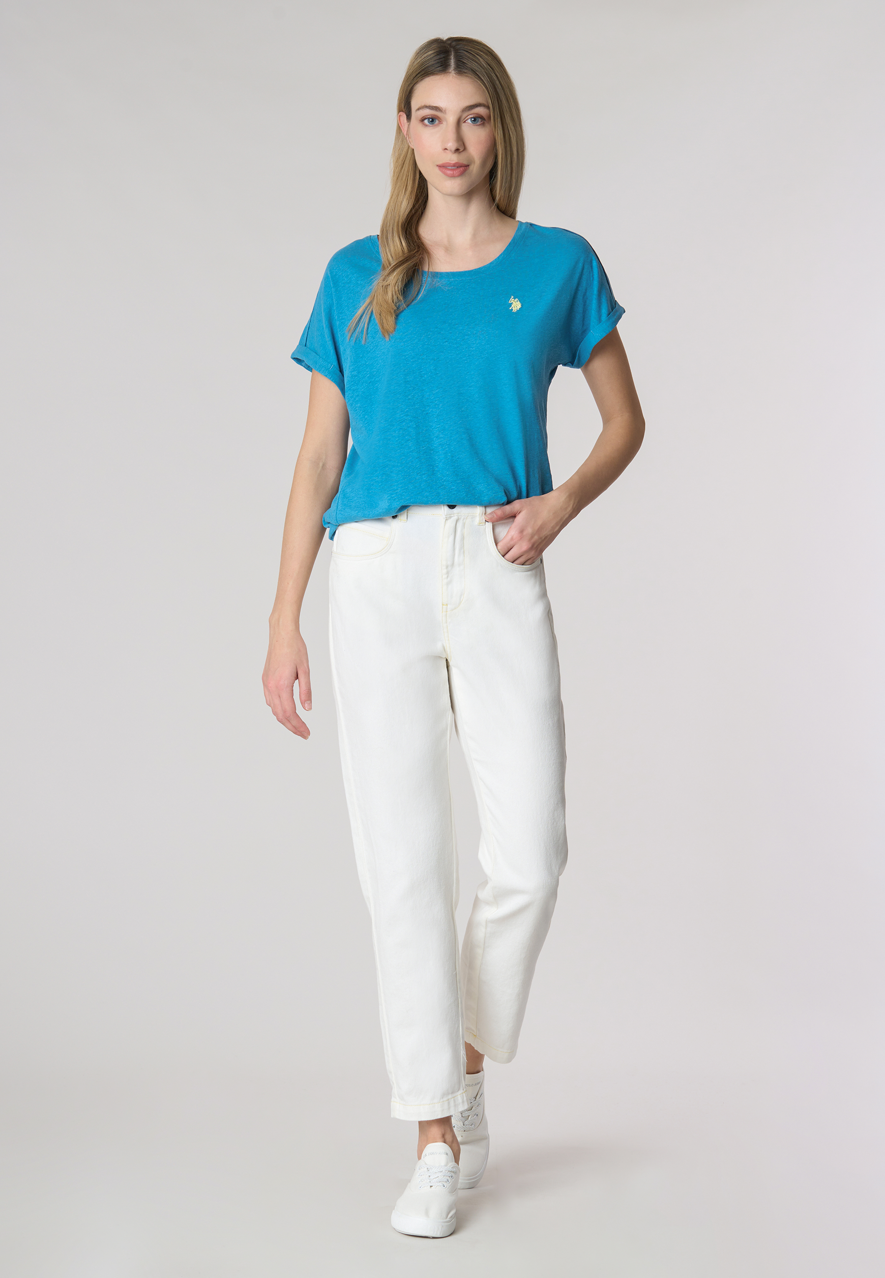 T-shirt girocollo da donna in misto cotone e lino