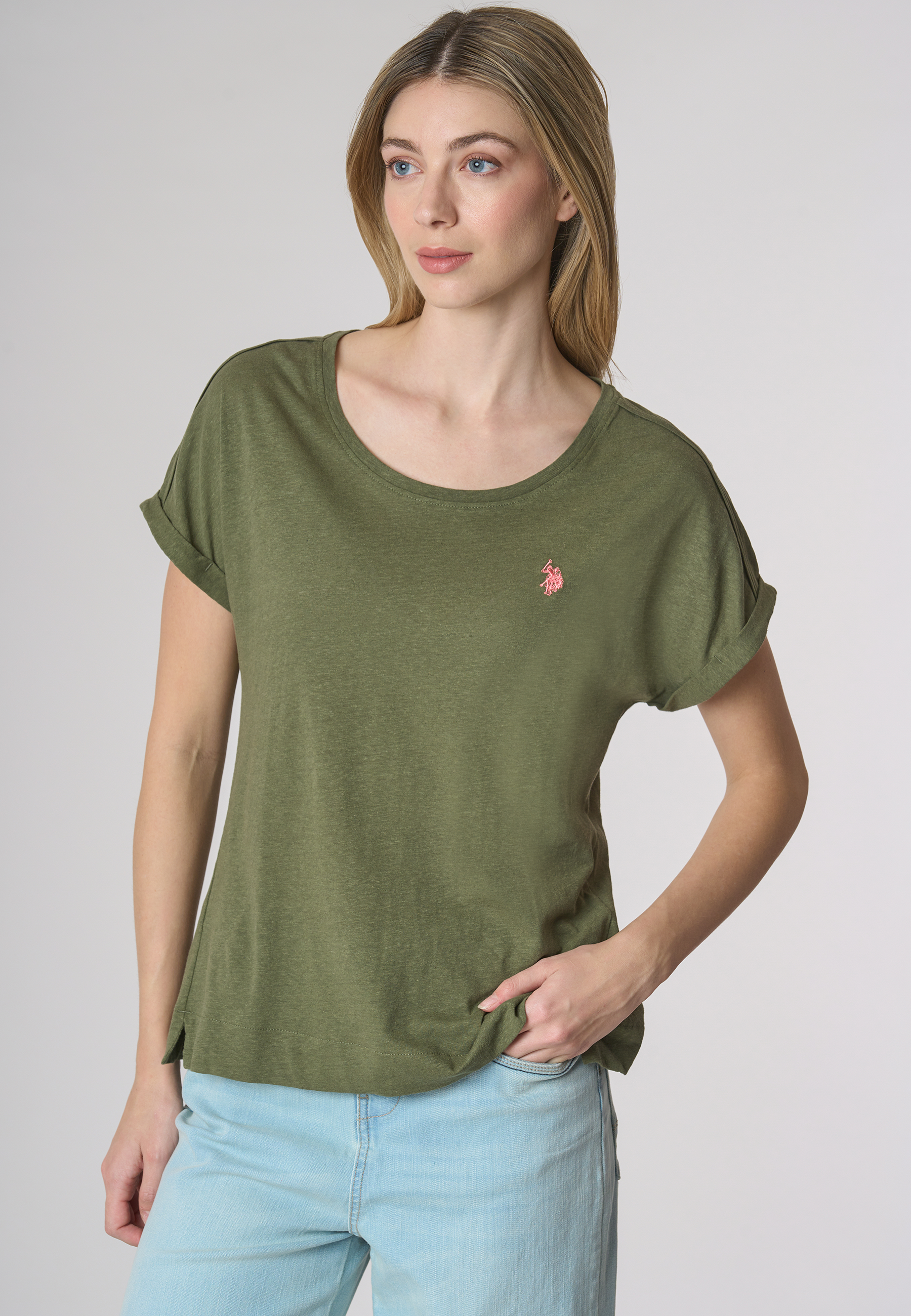 T-shirt girocollo da donna in misto cotone e lino