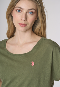 T-shirt girocollo da donna in misto cotone e lino