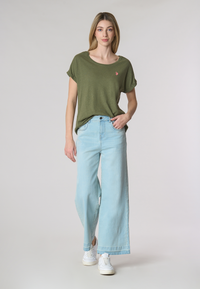 T-shirt girocollo da donna in misto cotone e lino