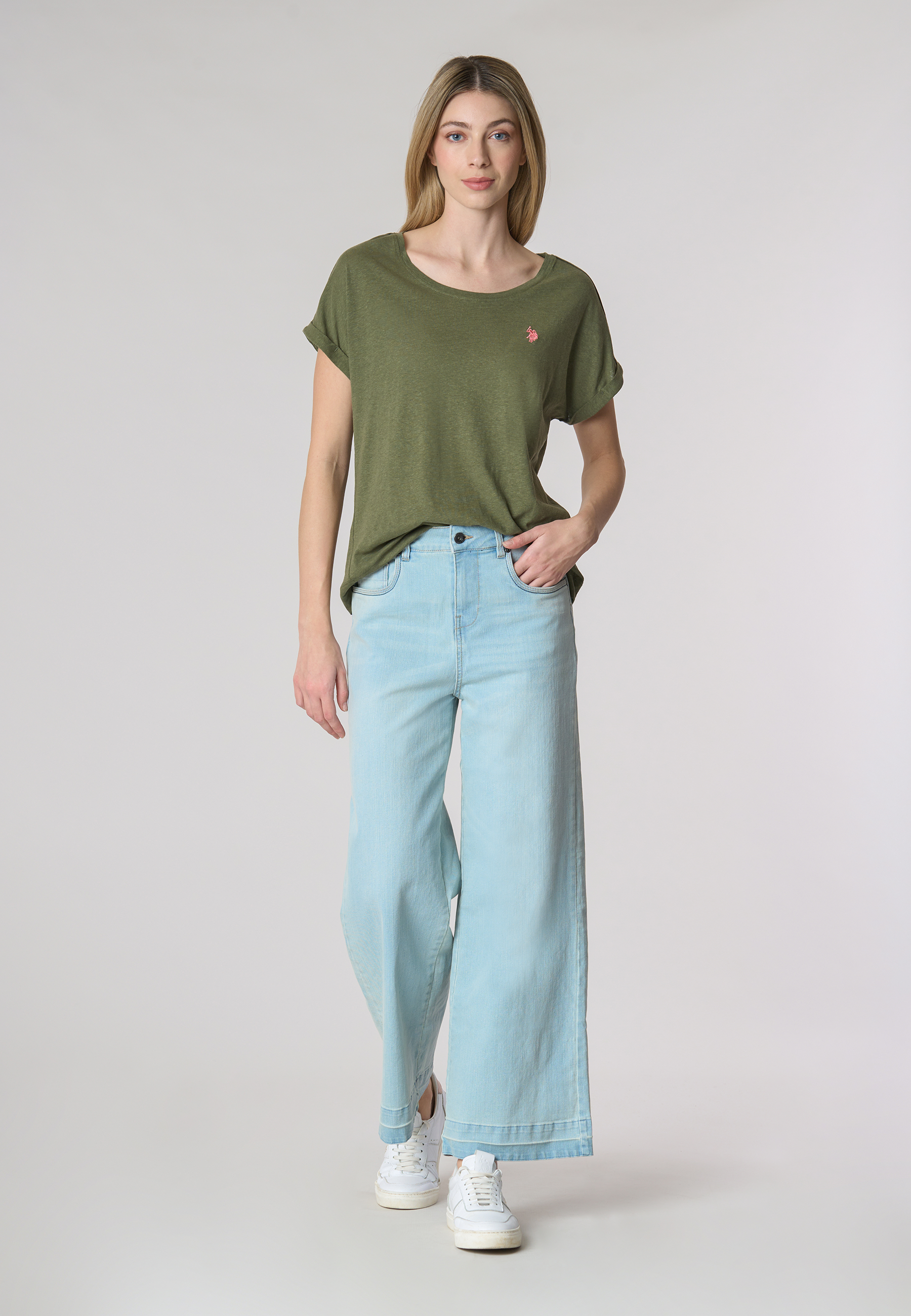 T-shirt girocollo da donna in misto cotone e lino