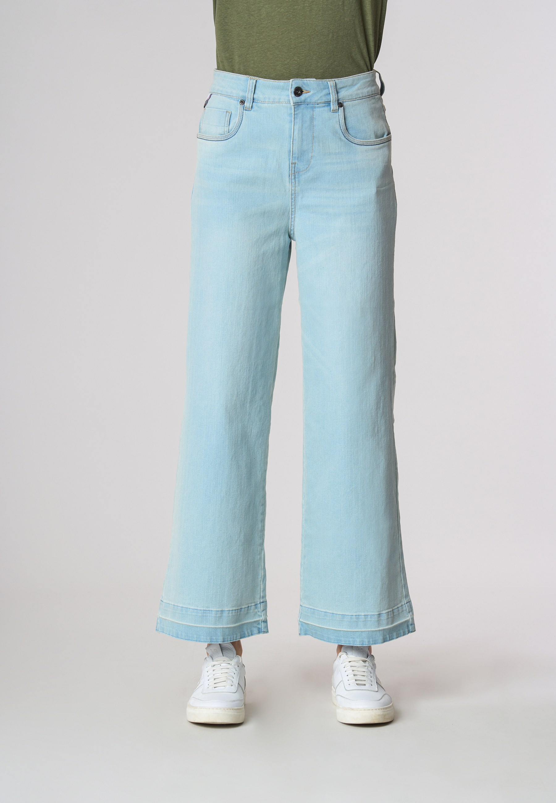 Pantalone denim cinque tasche wide leg in cotone stretch