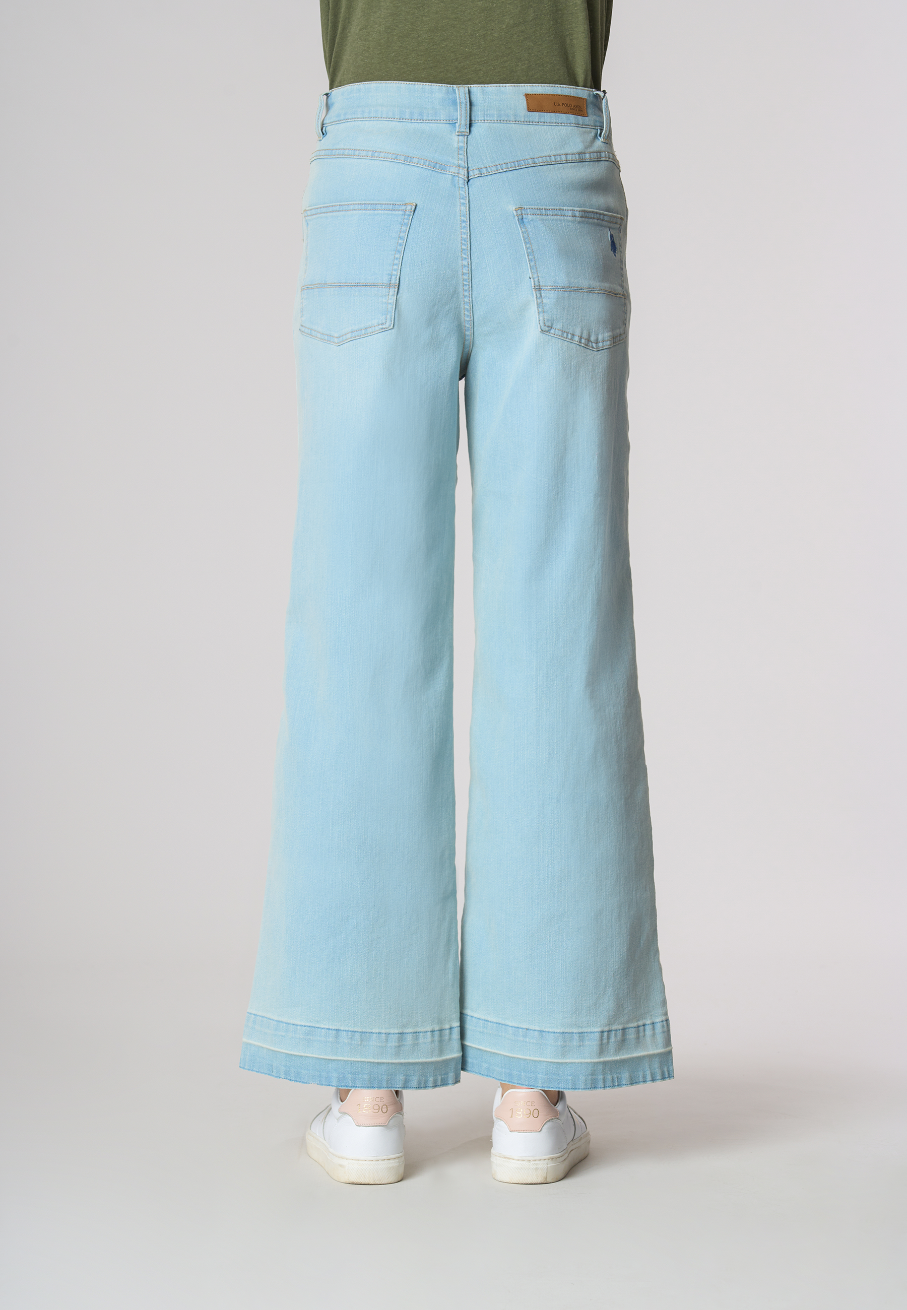 Pantalone denim cinque tasche wide leg in cotone stretch