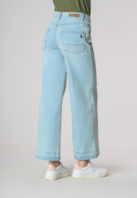 Pantalone denim cinque tasche wide leg in cotone stretch