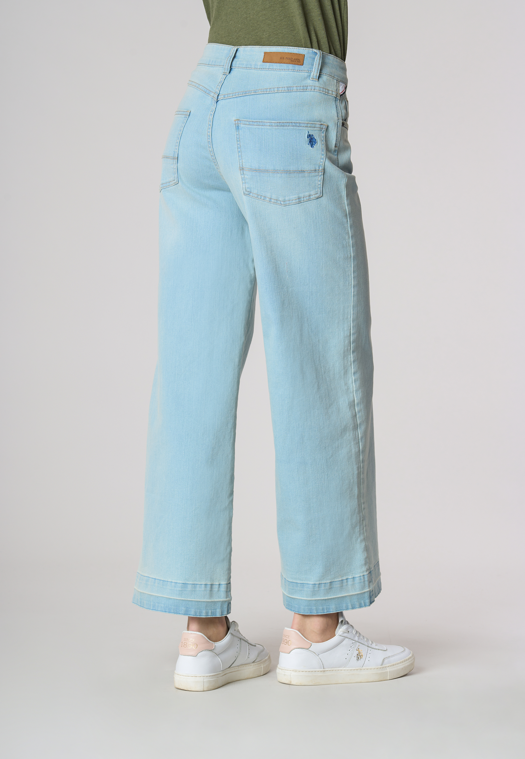Pantalone denim cinque tasche wide leg in cotone stretch