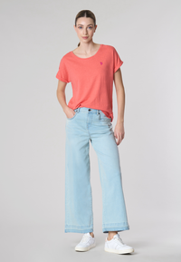 T-shirt girocollo da donna in misto cotone e lino