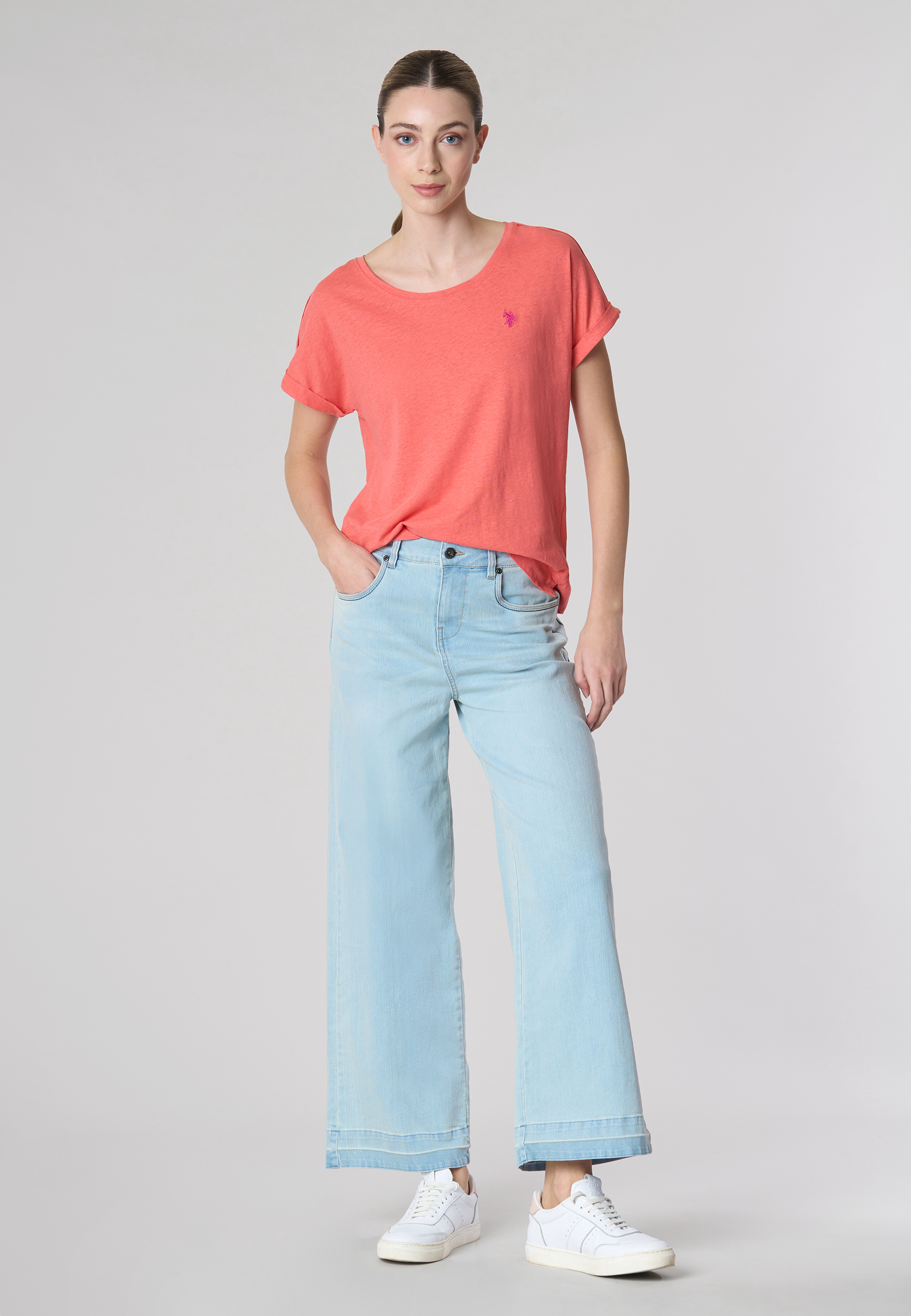 T-shirt girocollo da donna in misto cotone e lino