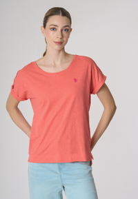 T-shirt girocollo da donna in misto cotone e lino