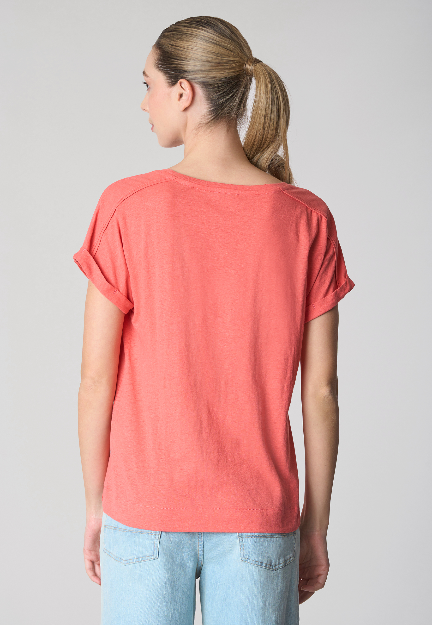 T-shirt girocollo da donna in misto cotone e lino