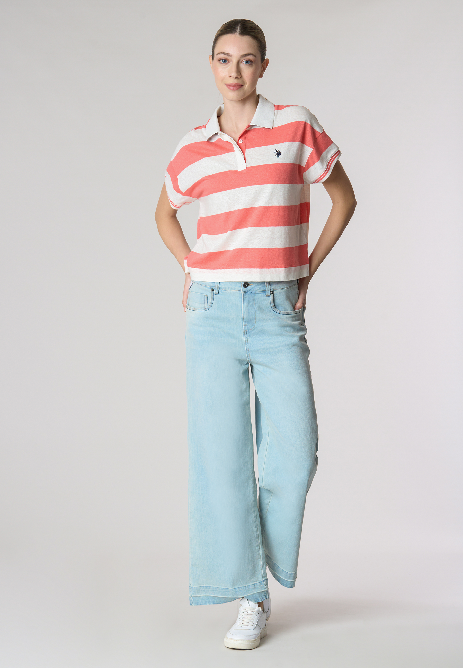 Polo a maniche corte a righe in misto cotone e lino