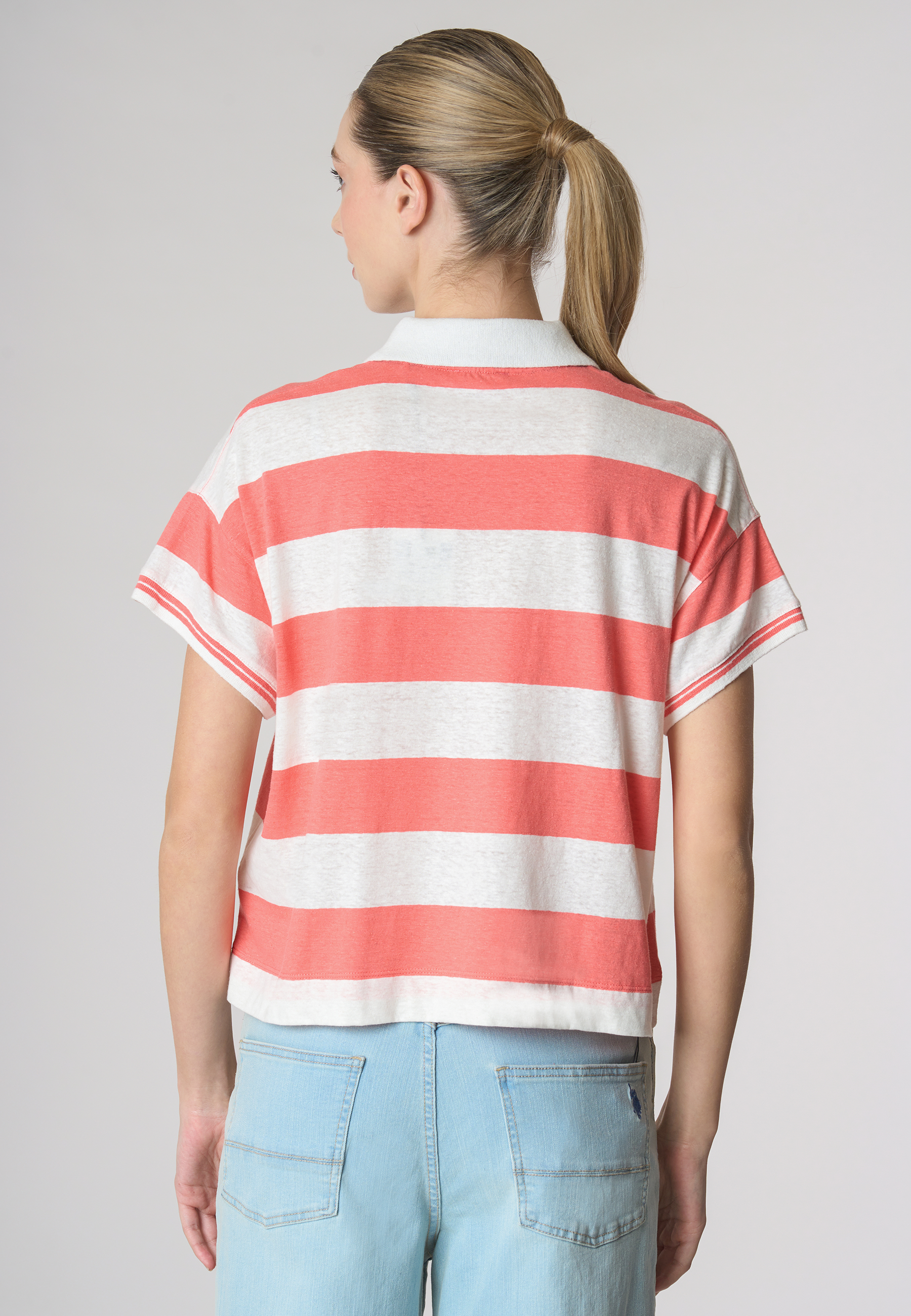 Polo a maniche corte a righe in misto cotone e lino