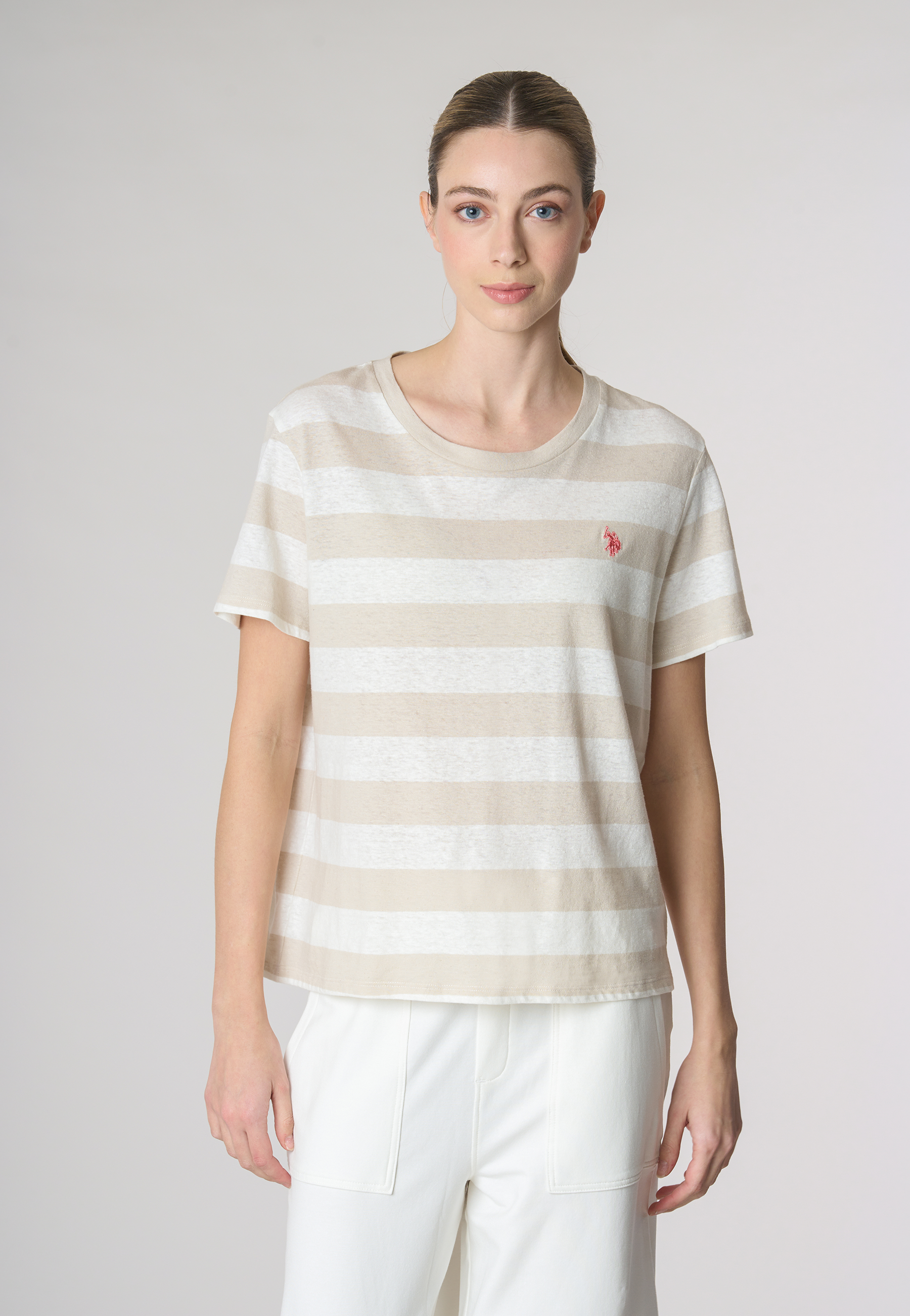T-shirt girocollo a righe in misto cotone e lino