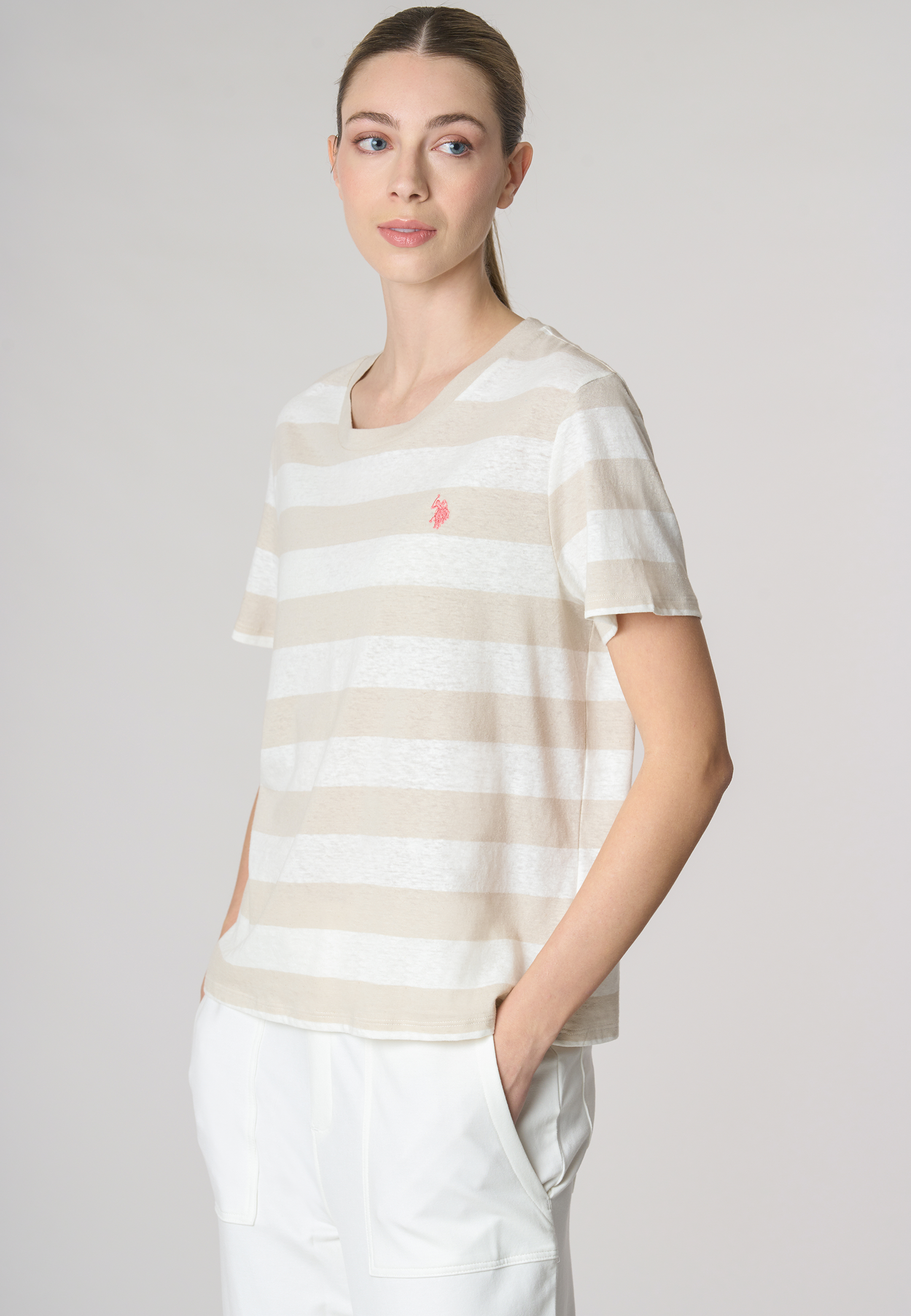 T-shirt girocollo a righe in misto cotone e lino