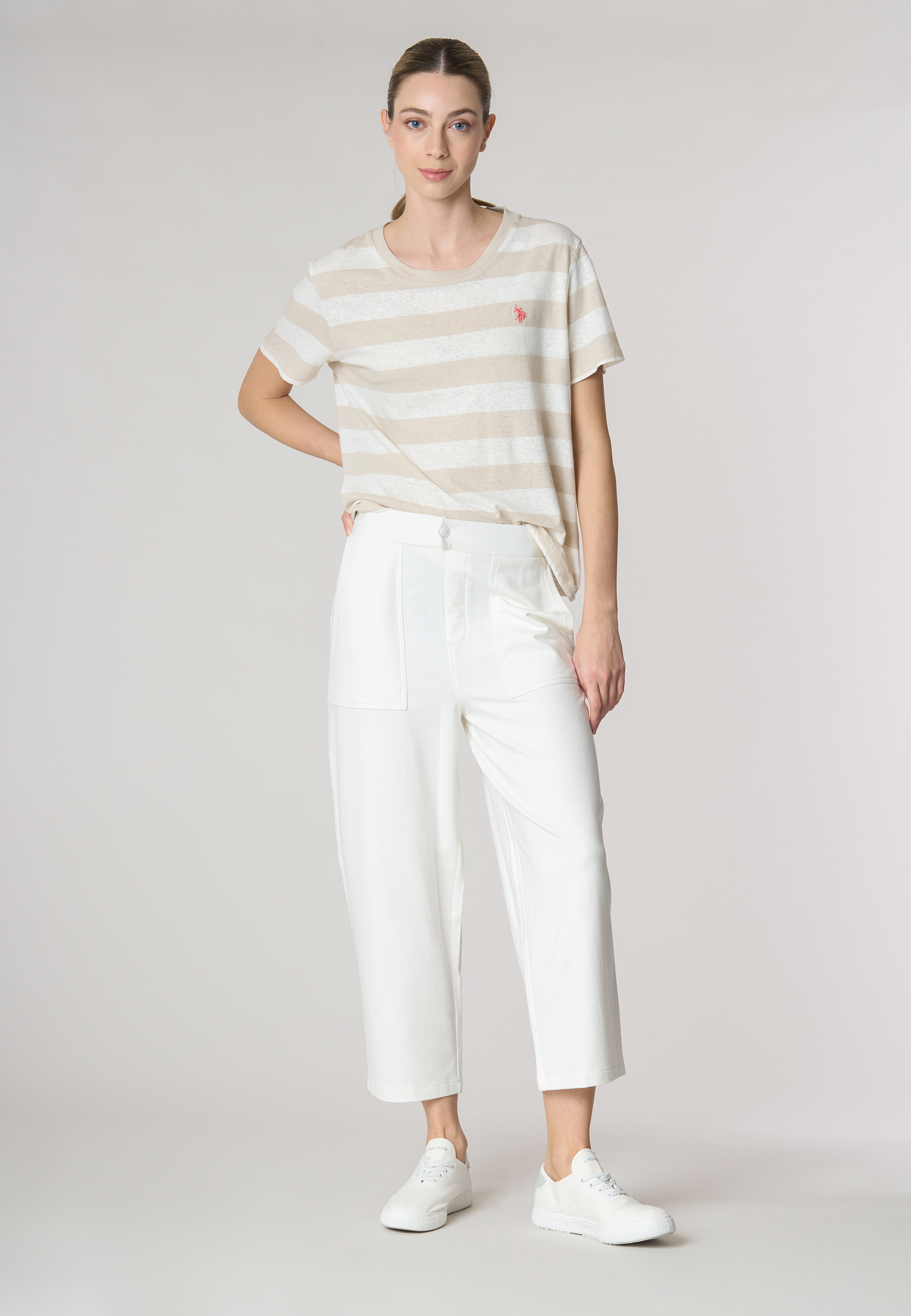 T-shirt girocollo a righe in misto cotone e lino