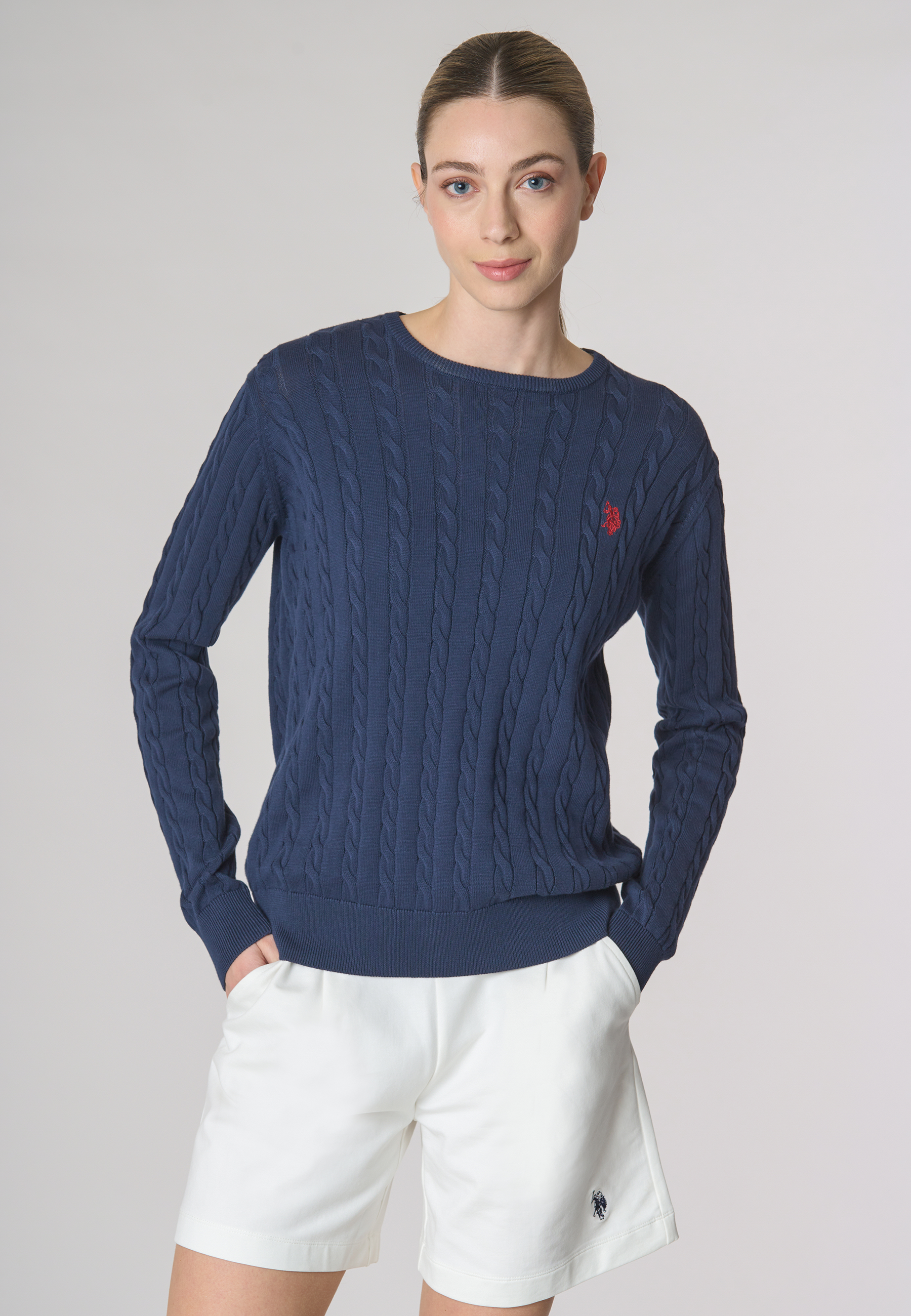 Maglia girocollo a treccia in cotone light