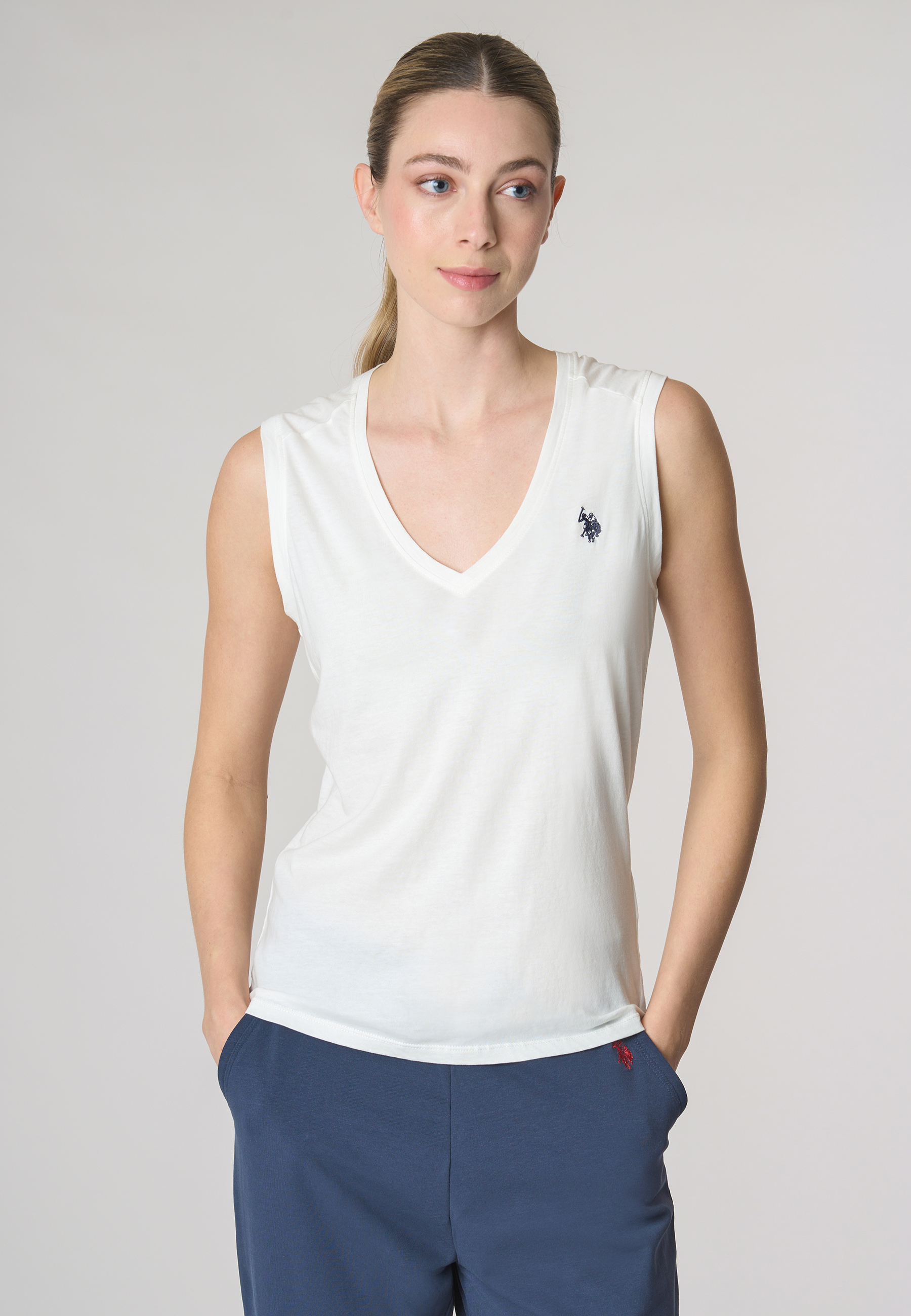 T-shirt smanicata con scollo a V in cotone light jersey