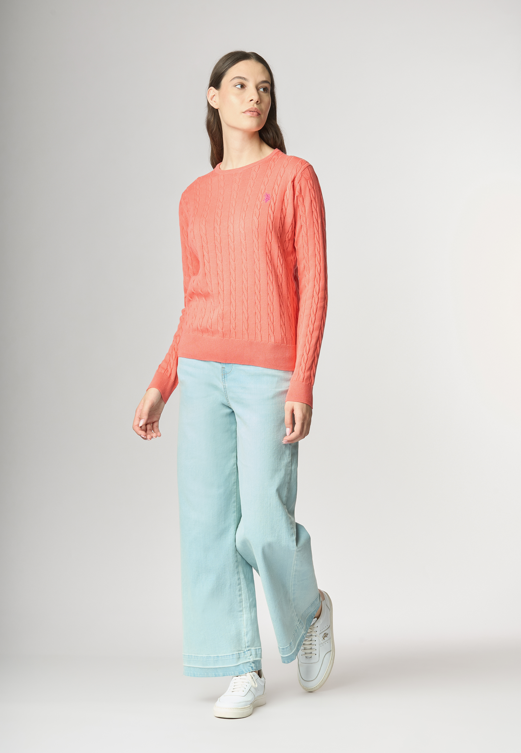 Maglia girocollo a treccia in cotone light