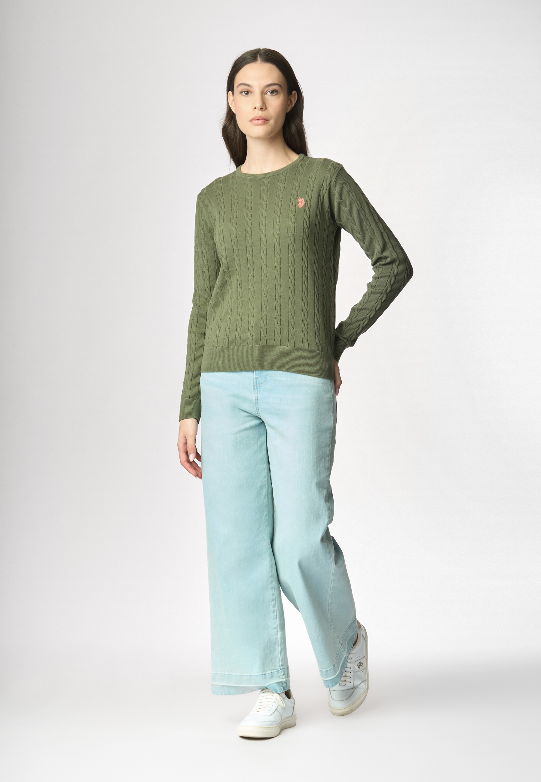 Maglia girocollo a treccia in cotone light