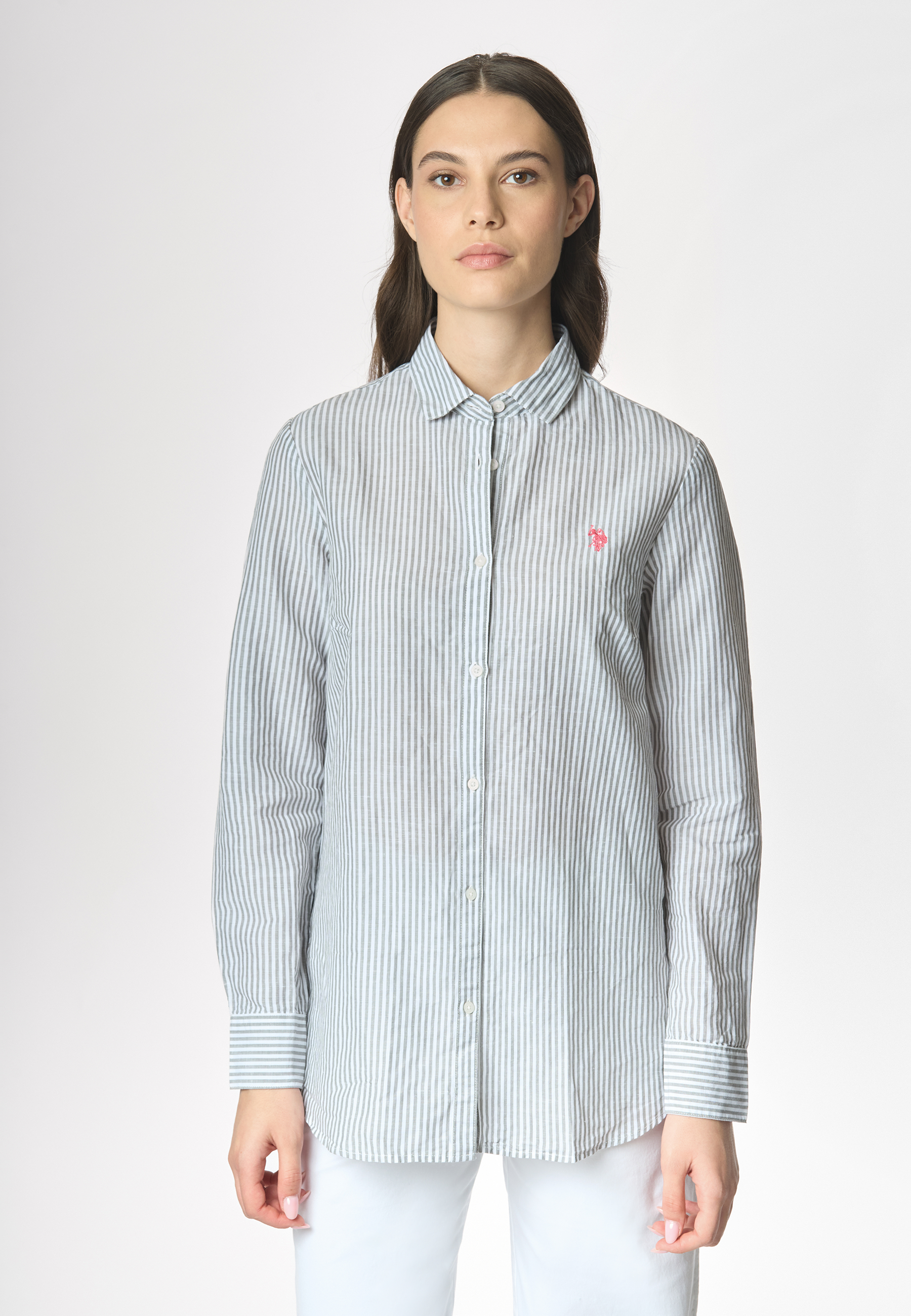 Camicia a righe in misto cotone e lino