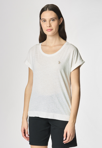 T-shirt girocollo da donna in misto cotone e lino
