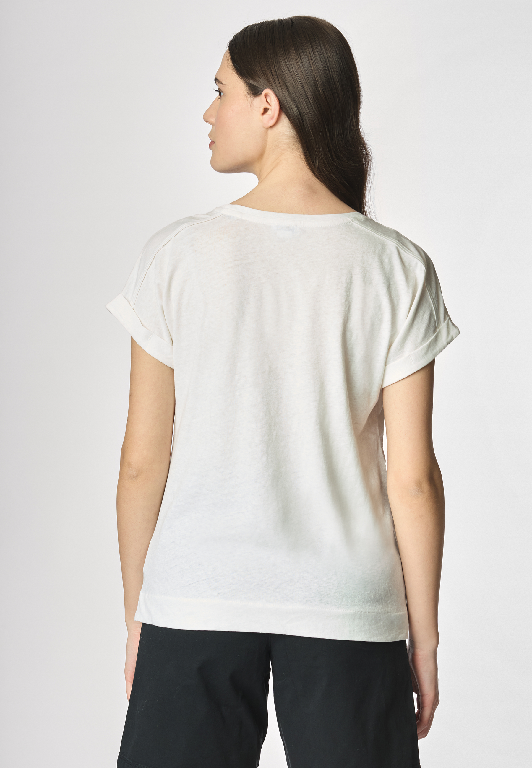T-shirt girocollo da donna in misto cotone e lino