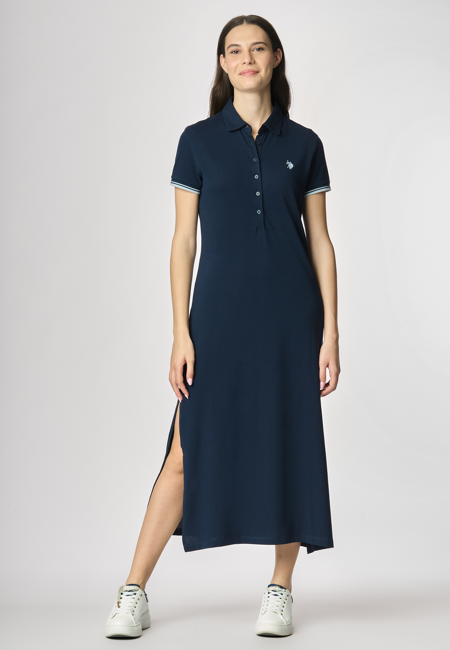 Abito lungo a maniche corte in cotone stretch micropiquet