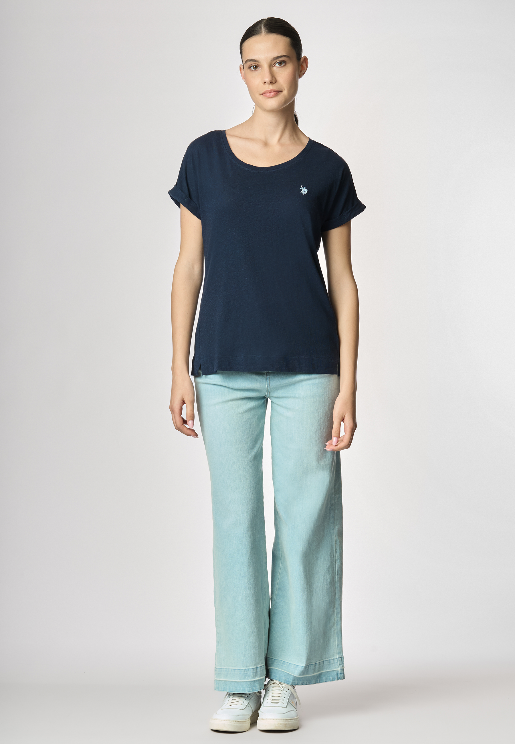 T-shirt girocollo da donna in misto cotone e lino