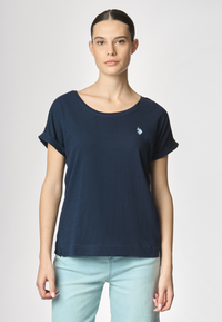 T-shirt girocollo da donna in misto cotone e lino