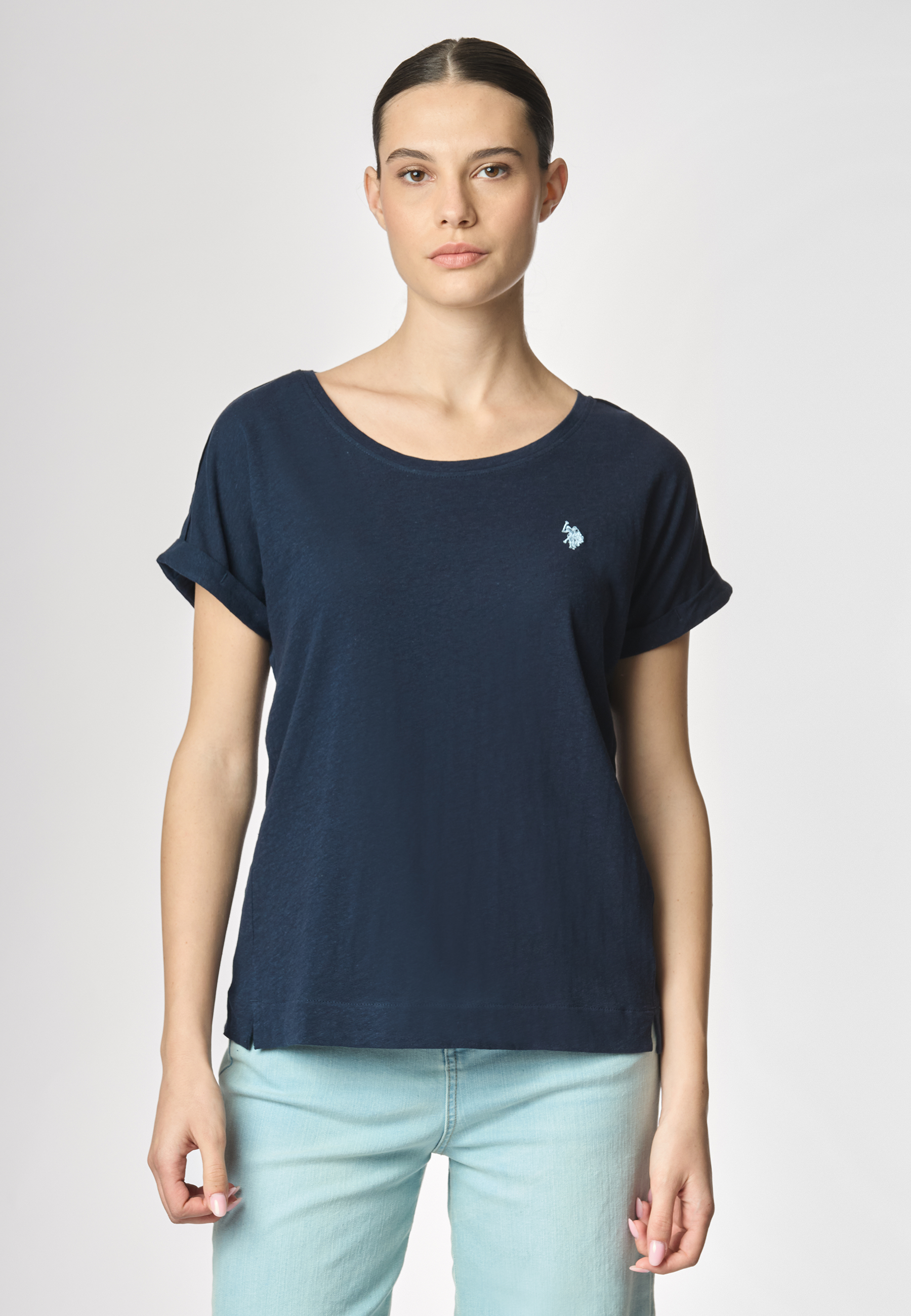 T-shirt girocollo da donna in misto cotone e lino