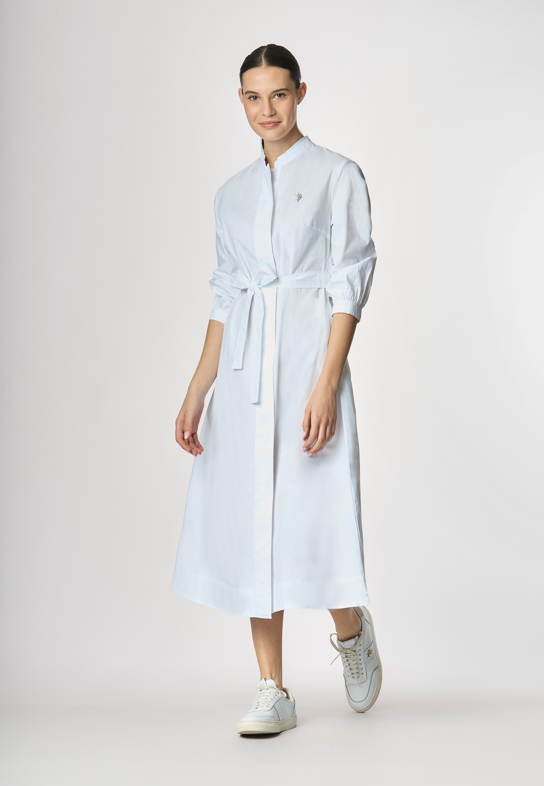 Abito chemisier con manica a 3/4 e cintura in cotone popeline