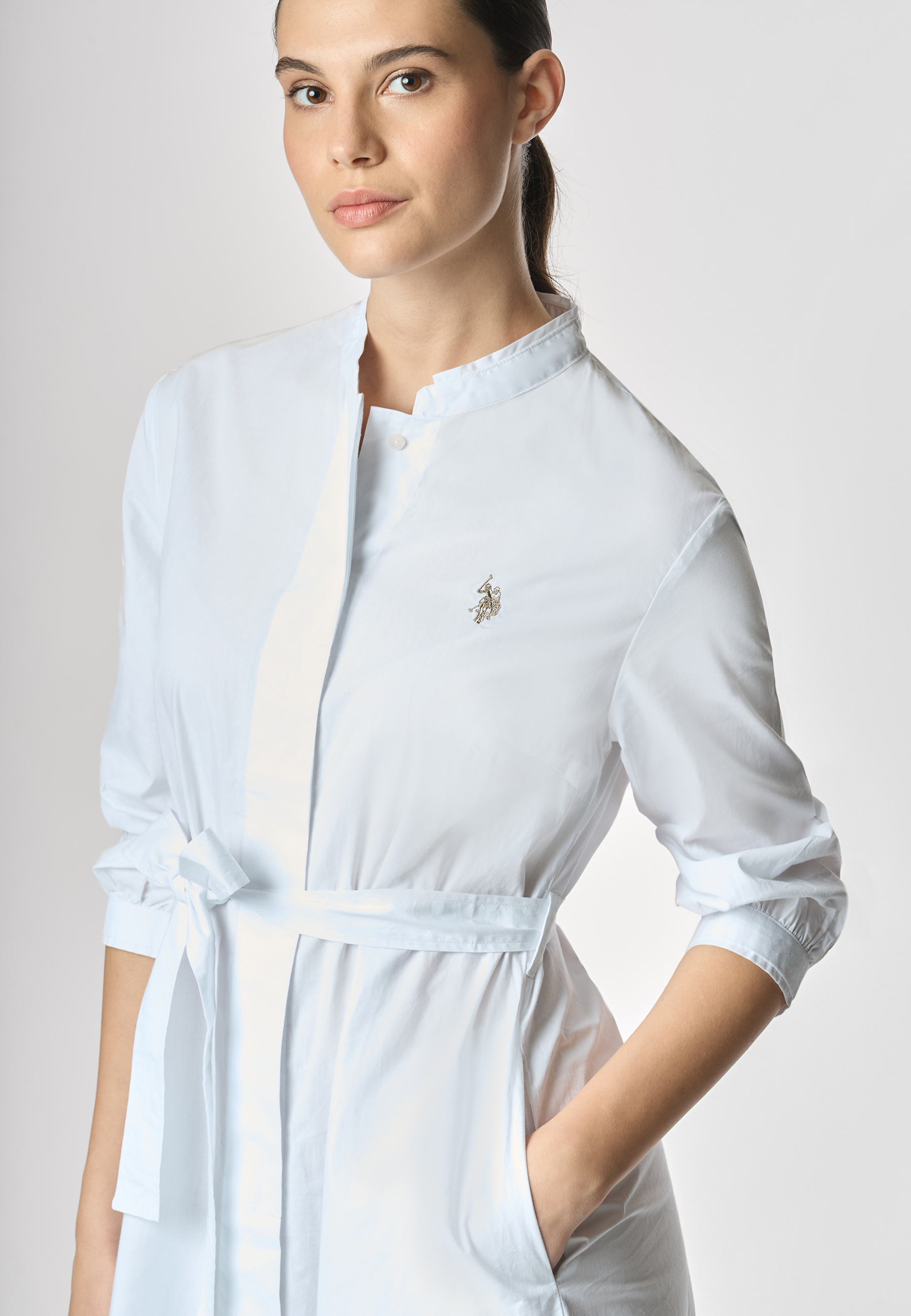 Abito chemisier con manica a 3/4 e cintura in cotone popeline