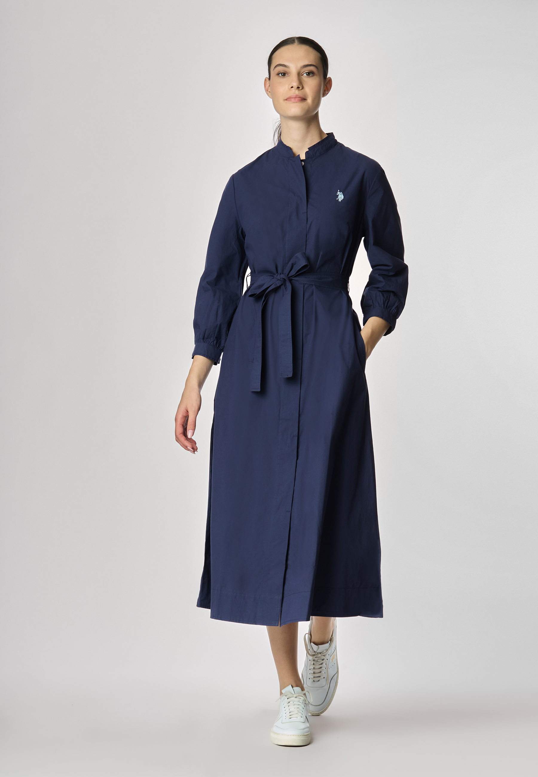 Abito chemisier con manica a 3/4 e cintura in cotone popeline