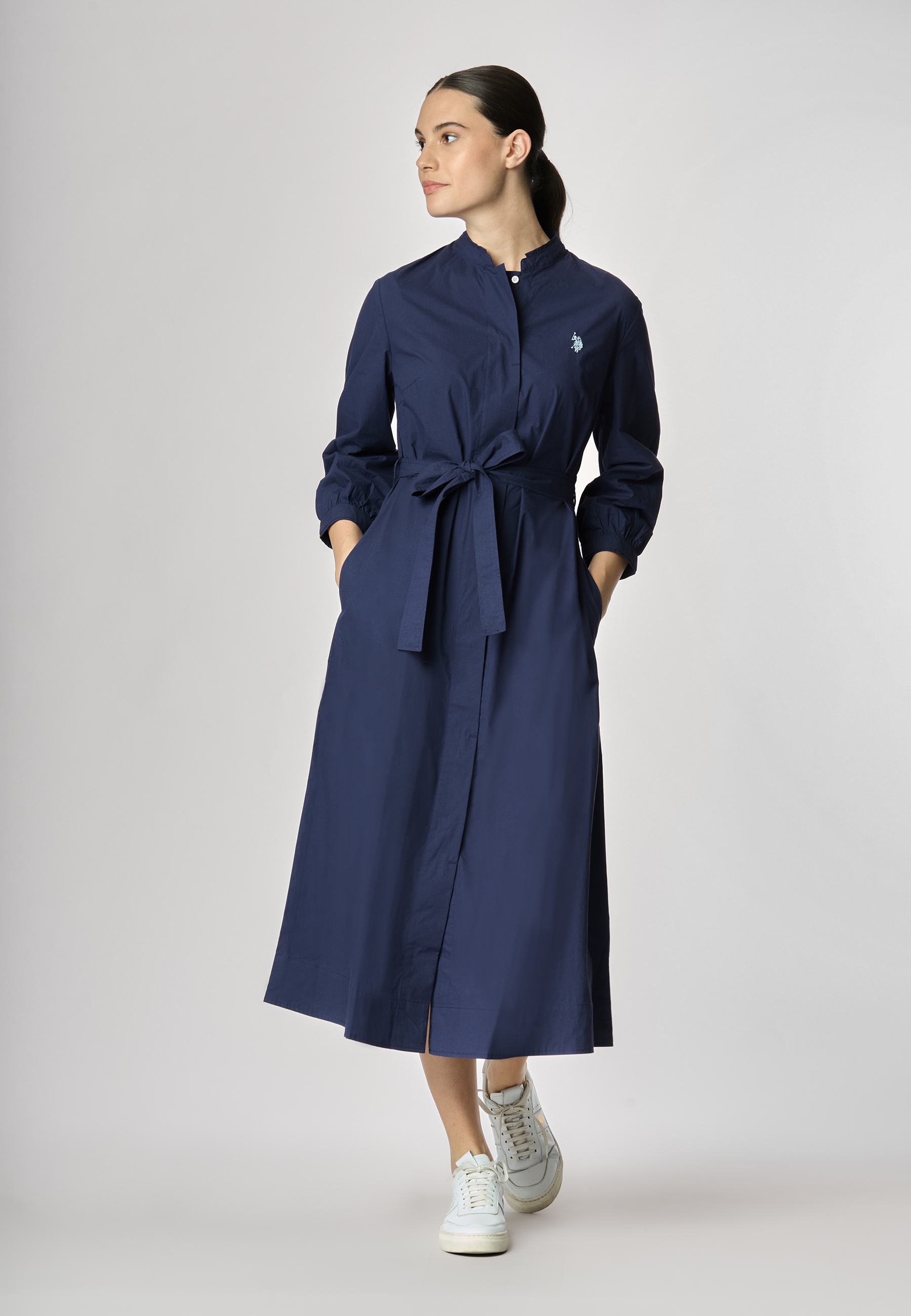 Abito chemisier con manica a 3/4 e cintura in cotone popeline