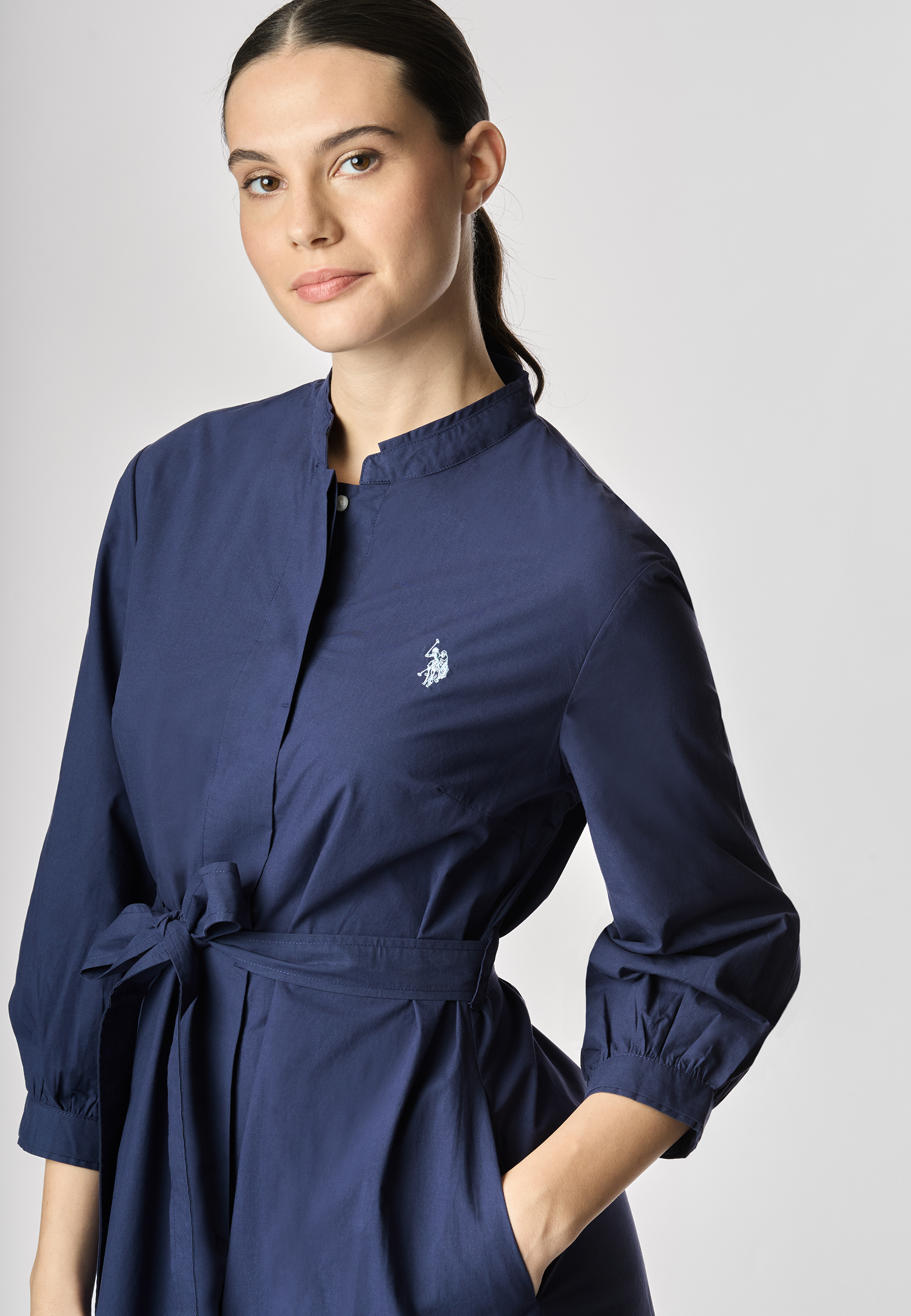 Abito chemisier con manica a 3/4 e cintura in cotone popeline