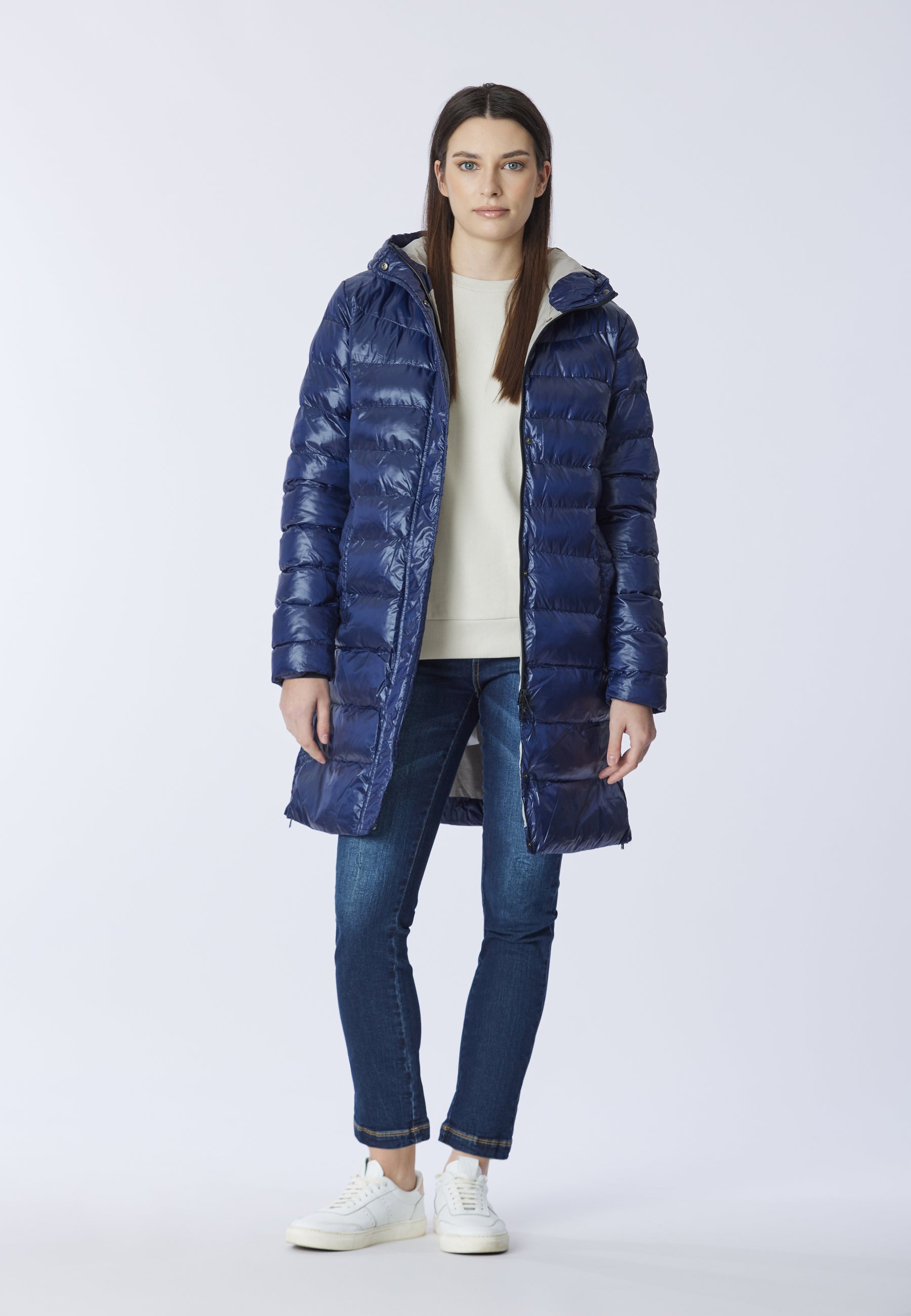 Piumino midi con cappuccio in shiny nylon