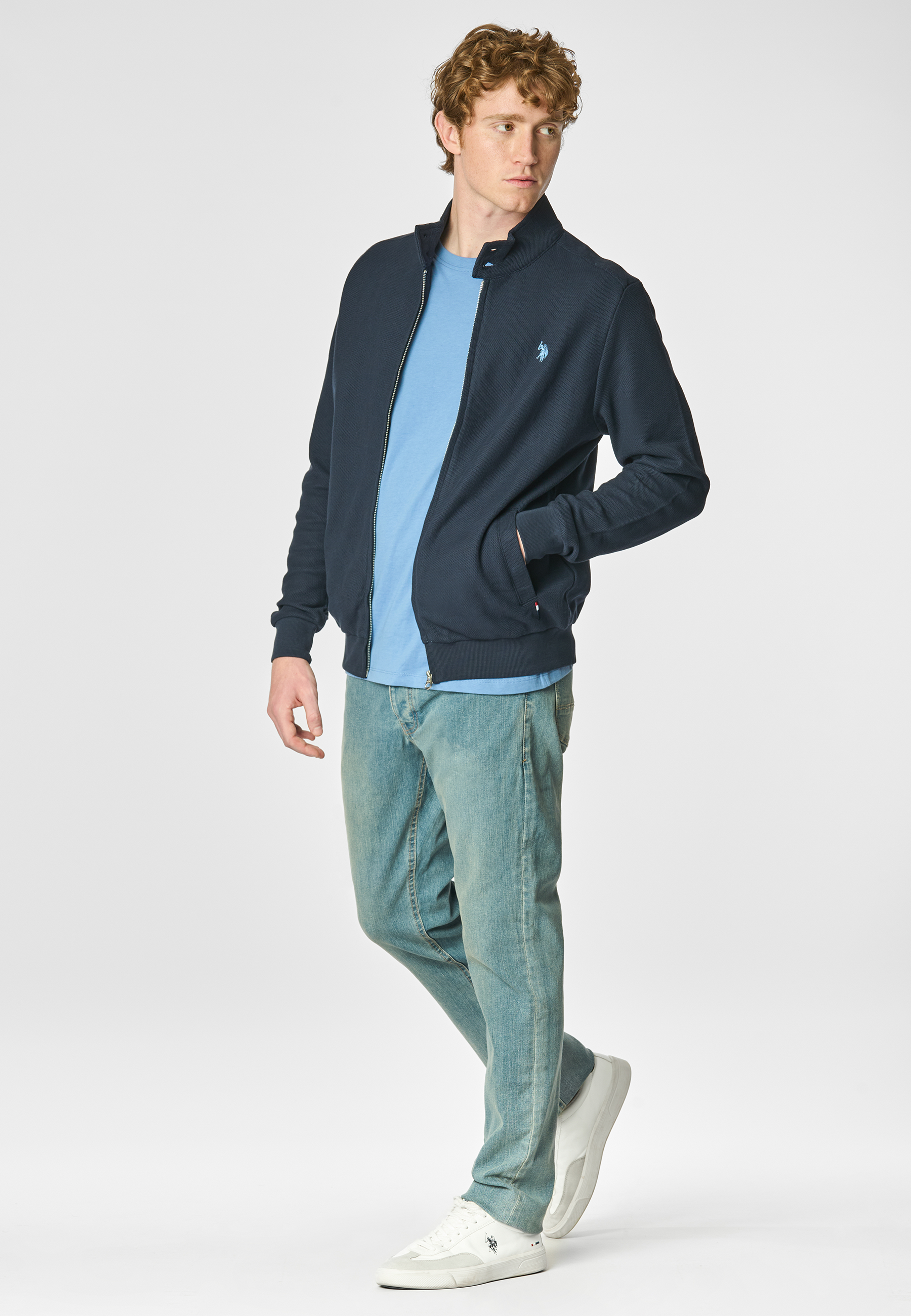 Felpa a collo alto in cotone piquet con interno tartan e chiusura zip